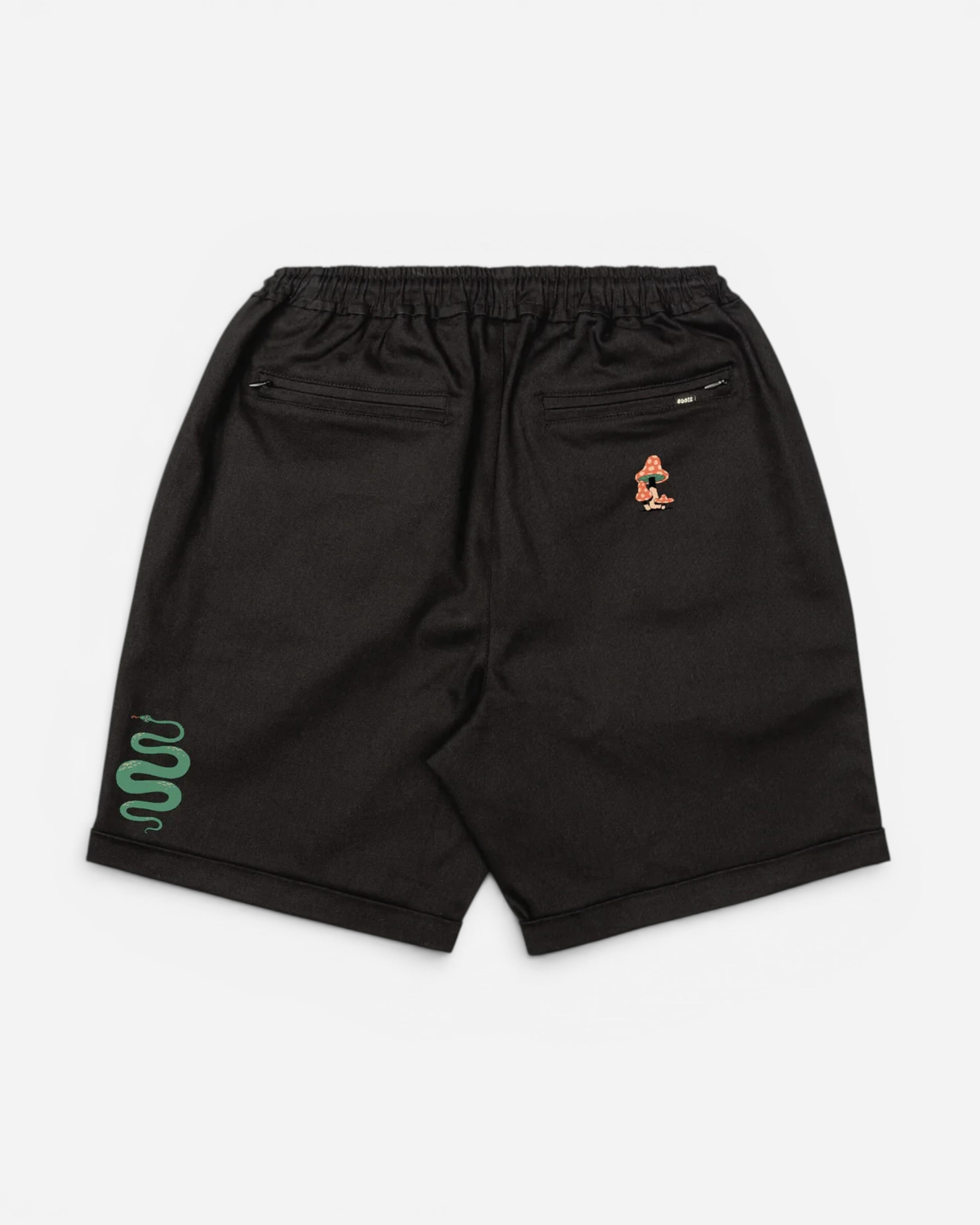 Astrofat black cotton shorts with embroidered snake on left leg and mushroom graphic on right back pocket.