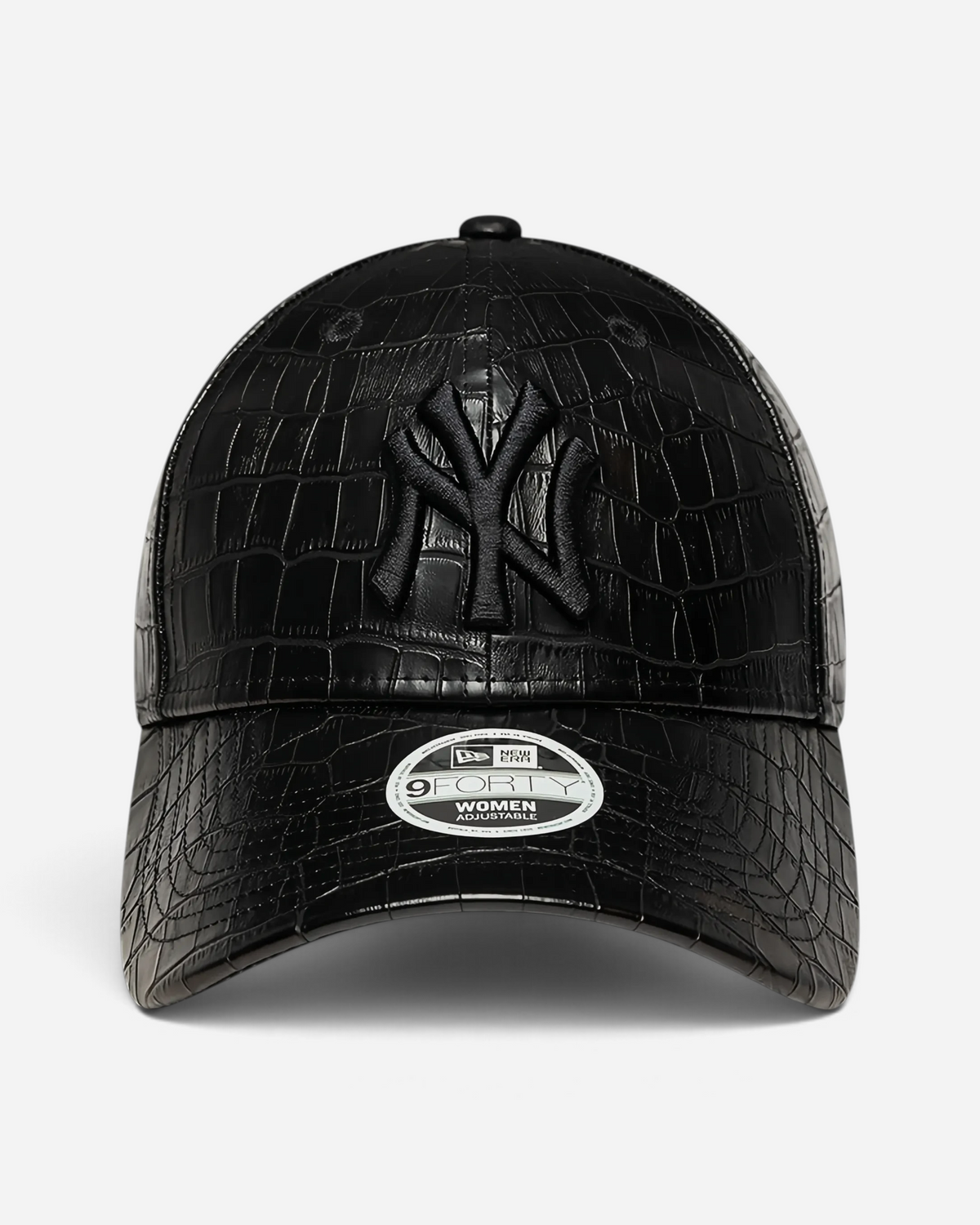 Astrofat black faux leather New York Yankees 9FORTY cap with a textured crocodile pattern and curved visor.