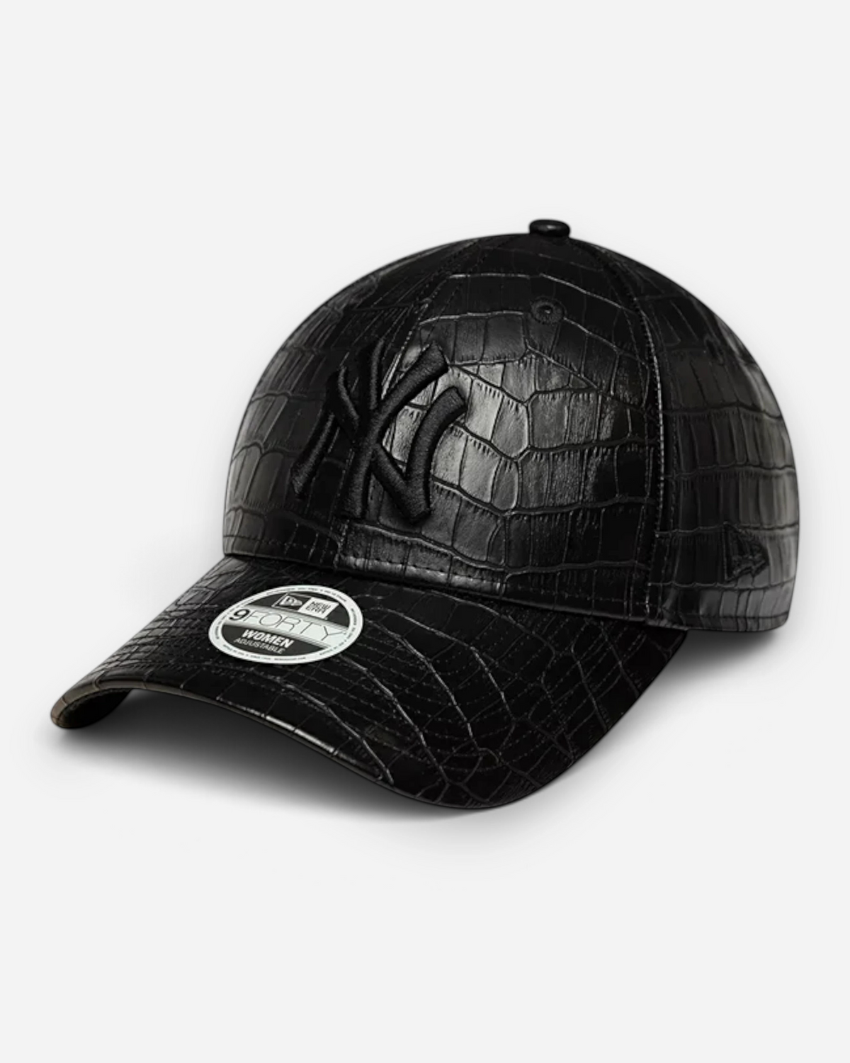 Astrofat black faux leather New York Yankees 9FORTY cap with a textured crocodile pattern and curved visor.