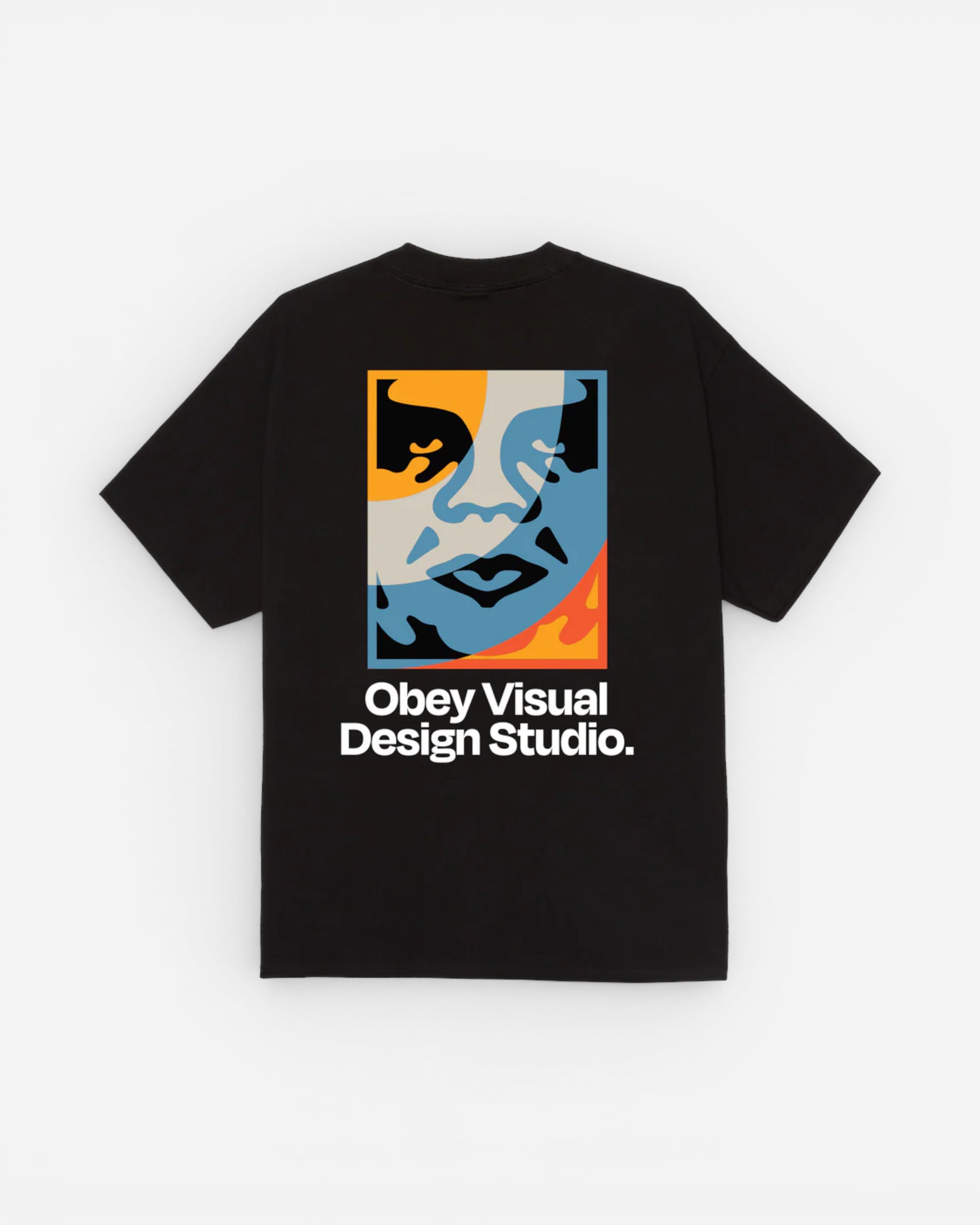 Astrofat black 100% cotton t-shirt with a colourful graphic print of a face and "Obey Visual Design Studio." text.
