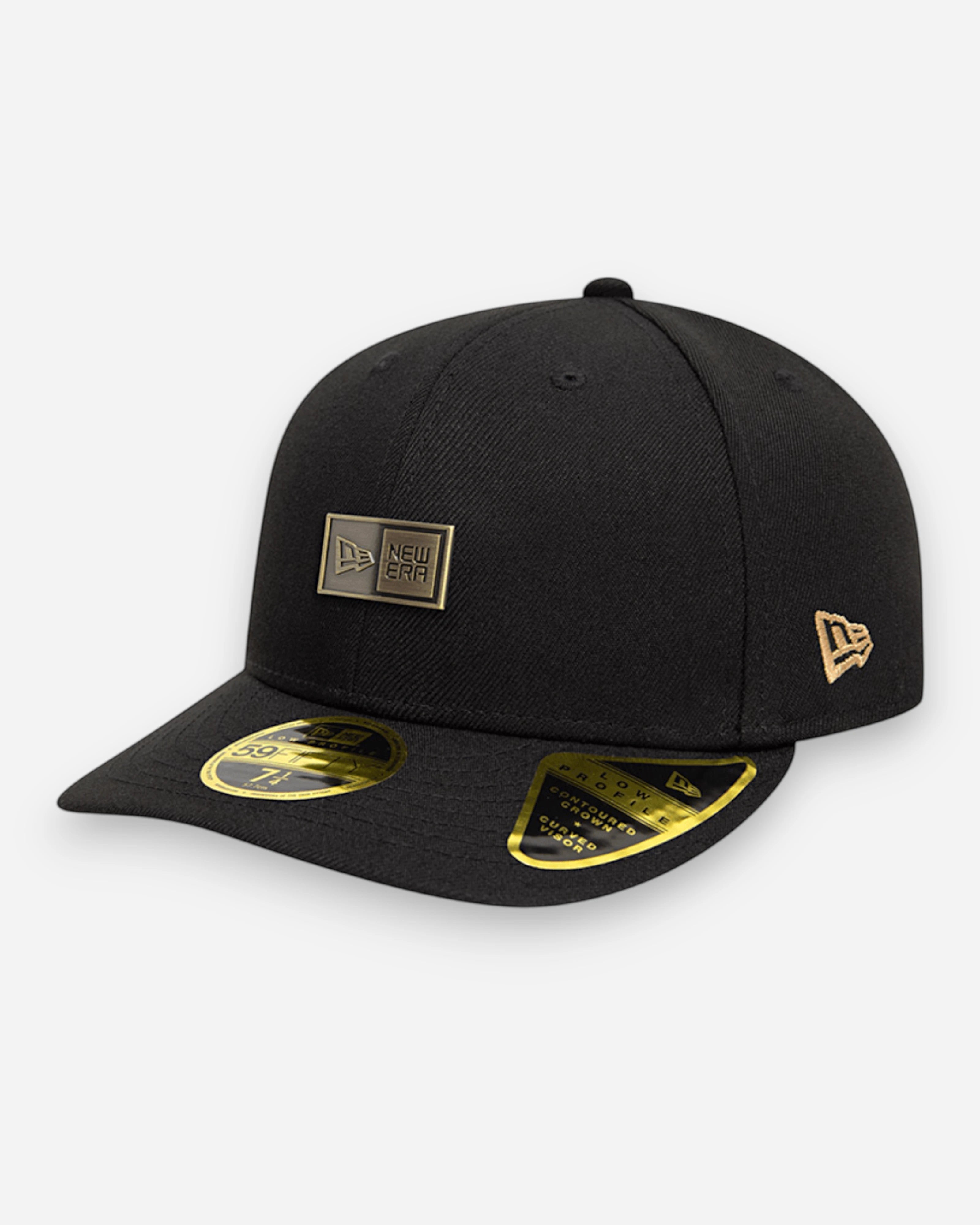 Astrofat black 59FIFTY low profile cap with metallic badge on front and New Era logo on side.