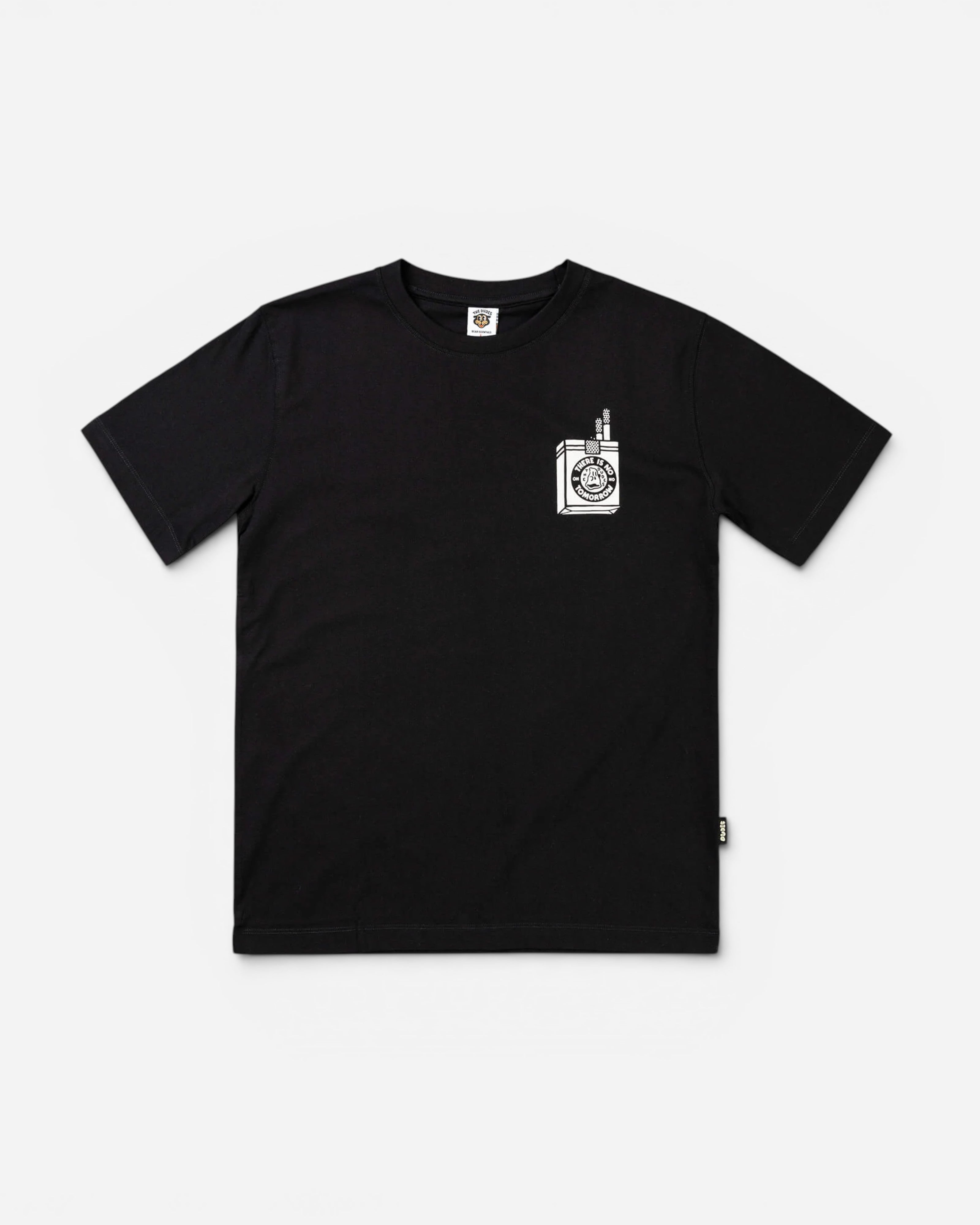 Astrofat black 100% organic cotton t-shirt with a white cigarette pack graphic and "Too Short Smokes" text.
