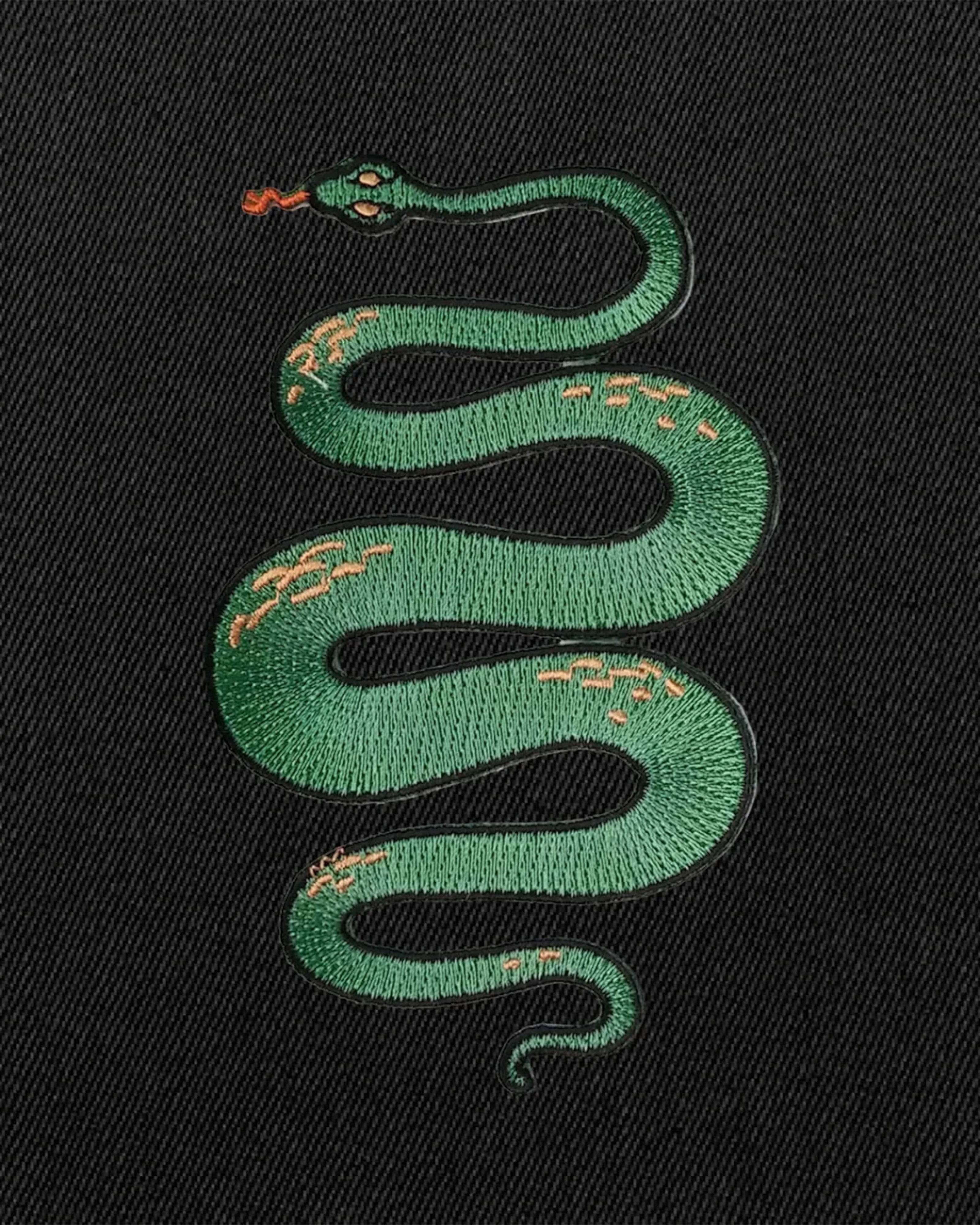 Astrofat black t-shirt with a green embroidered snake graphic. 100% organic cotton.