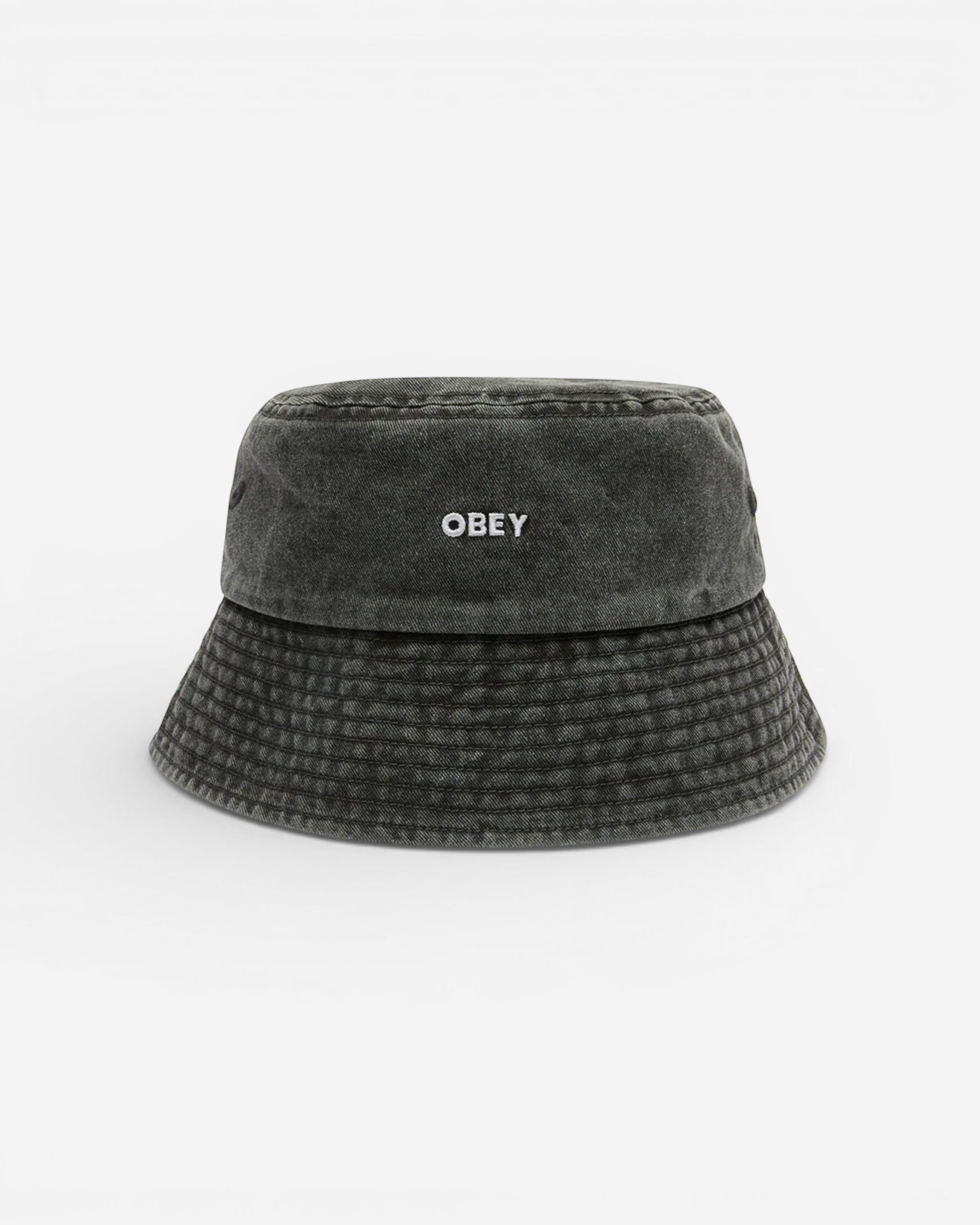 Astrofat black pigment twill bucket hat with embroidered OBEY logo. Soft, unstructured design.