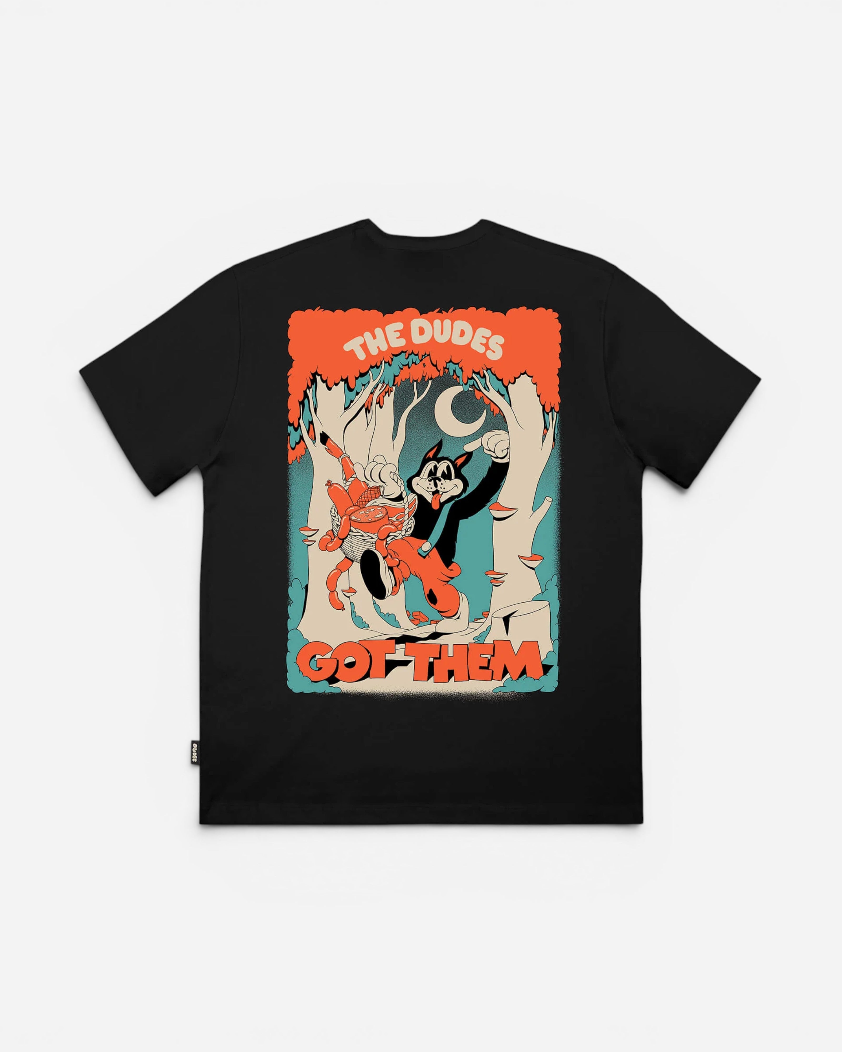 Astrofat black 100% organic cotton t-shirt with a cartoon graphic of a wolf character holding a basket of sausages under a crescent moon.
