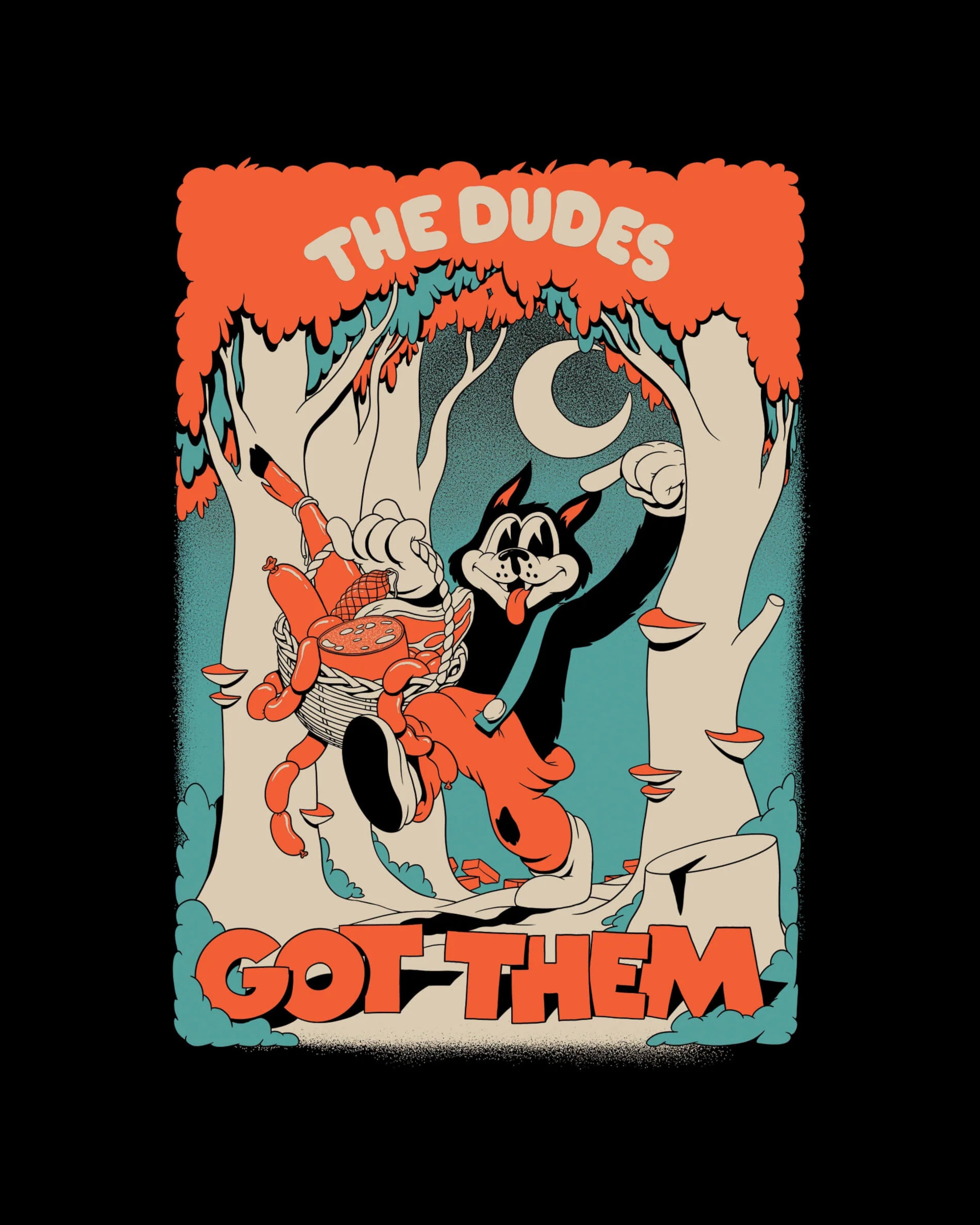 Astrofat black 100% organic cotton t-shirt with a cartoon wolf carrying a basket of sausages and text "The Dudes Got Them".