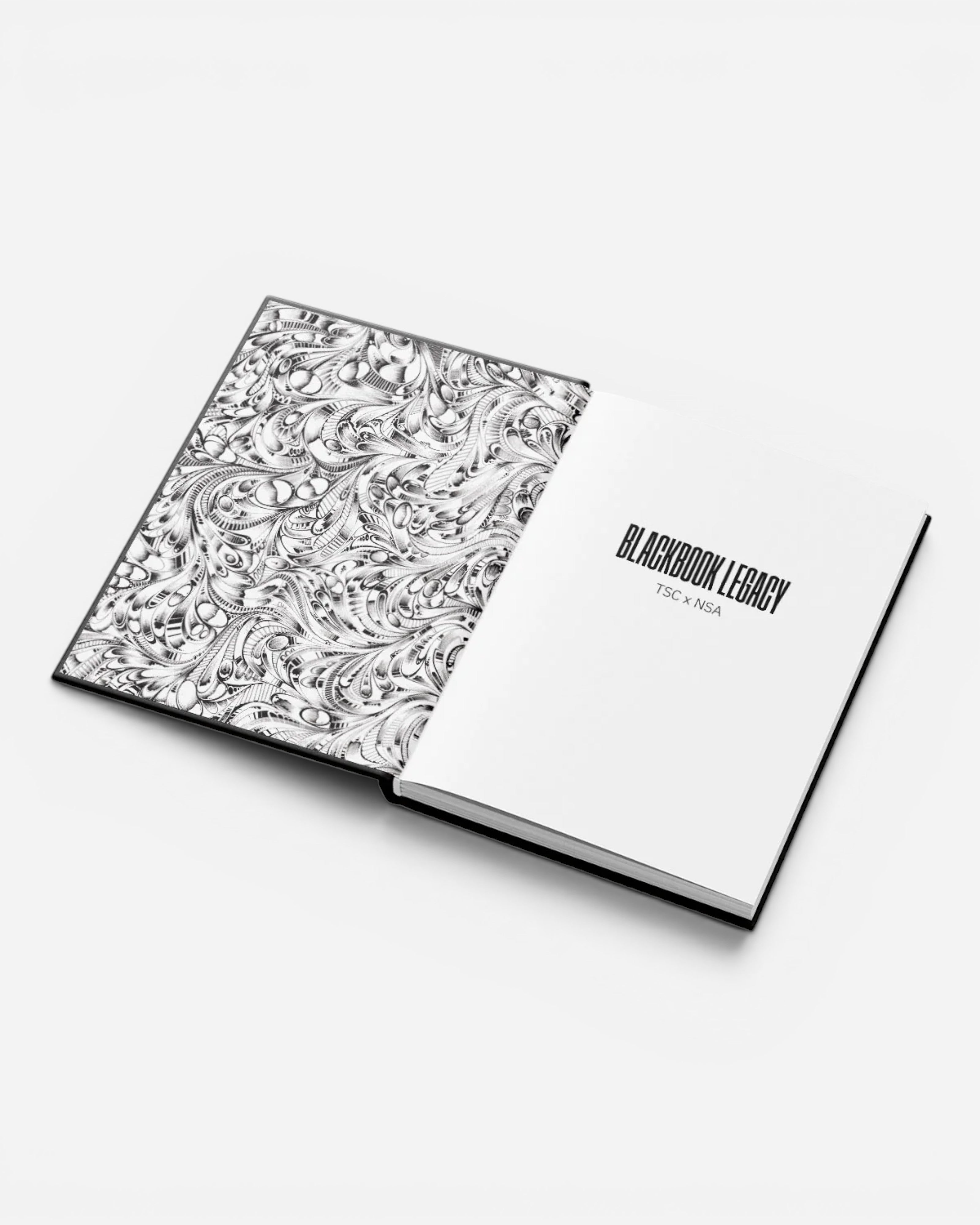 Astrofat Blackbook Legacy TSC x NSA book featuring intricate black and white graffiti art on the inside cover and title page.