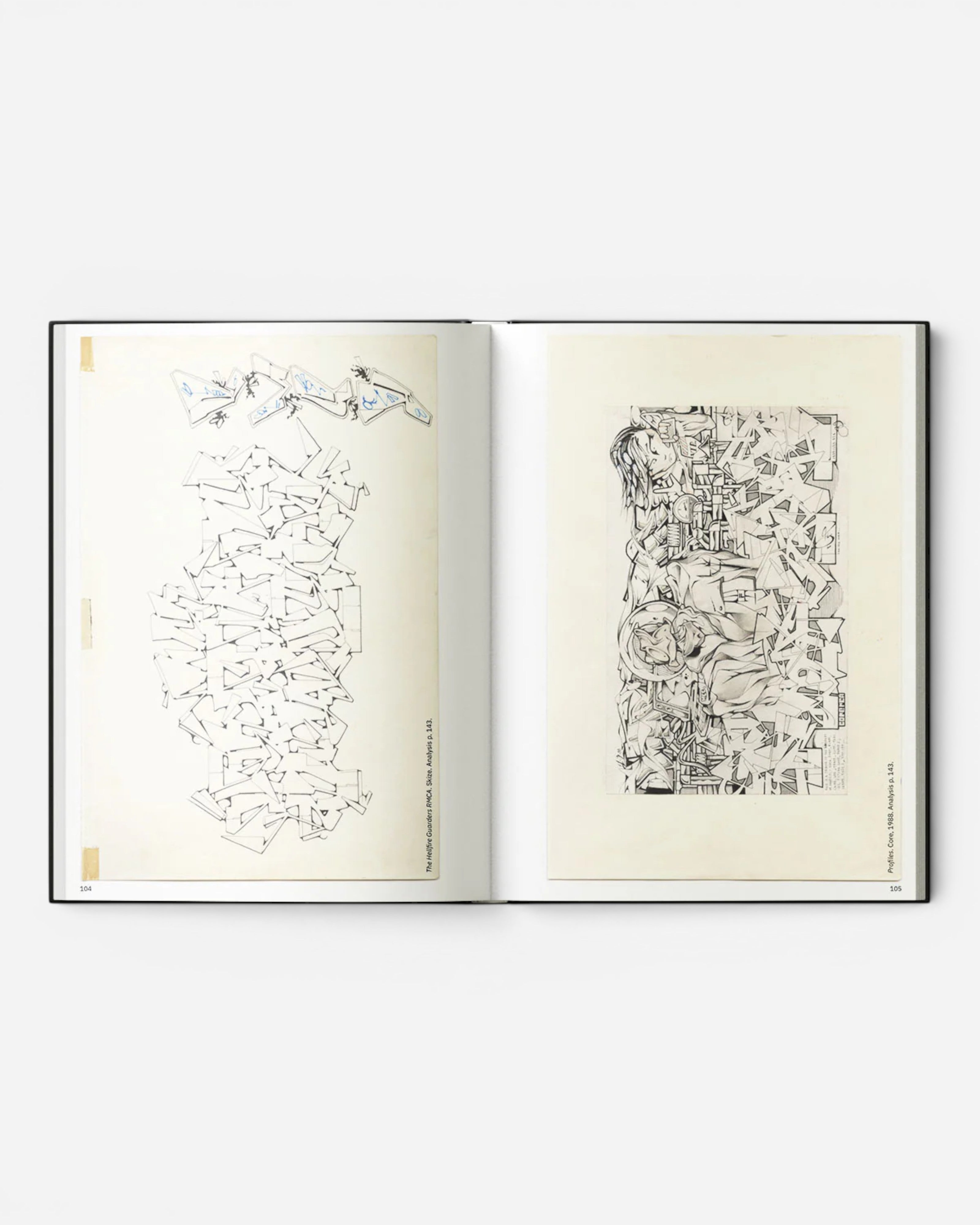 Astrofat Blackbook Legacy TSC x NSA book featuring graffiti sketches and analysis on pages 104 and 105.