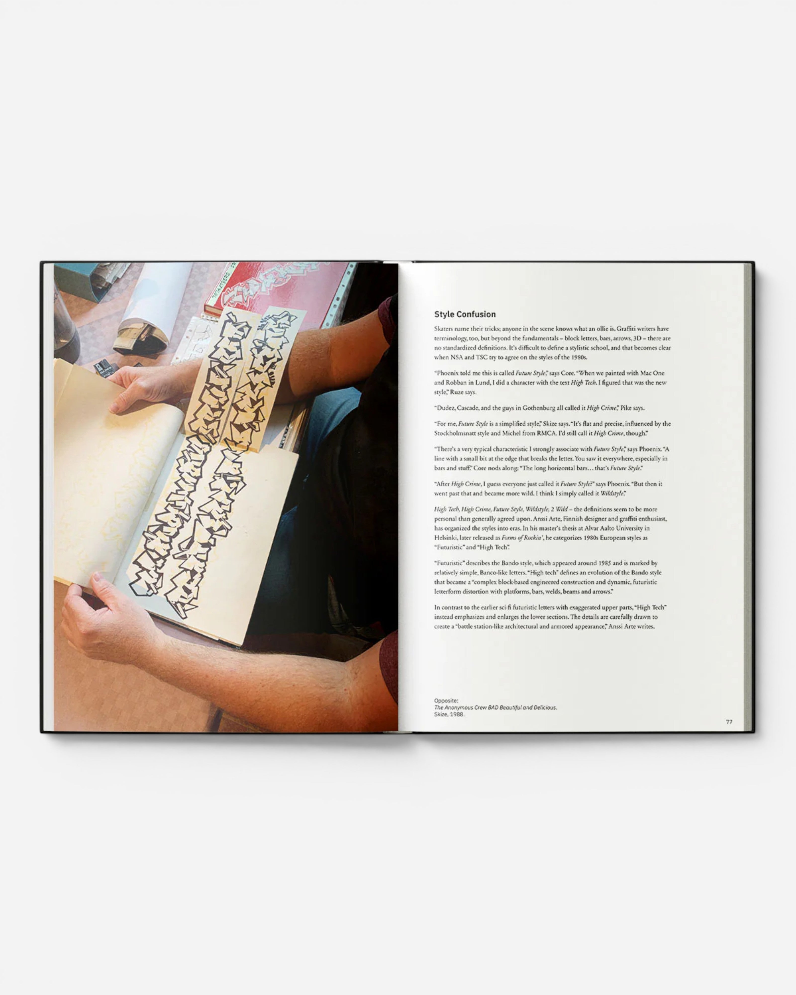 Astrofat Blackbook Legacy TSC x NSA book open to pages showing graffiti sketches and text about Swedish graffiti history.
