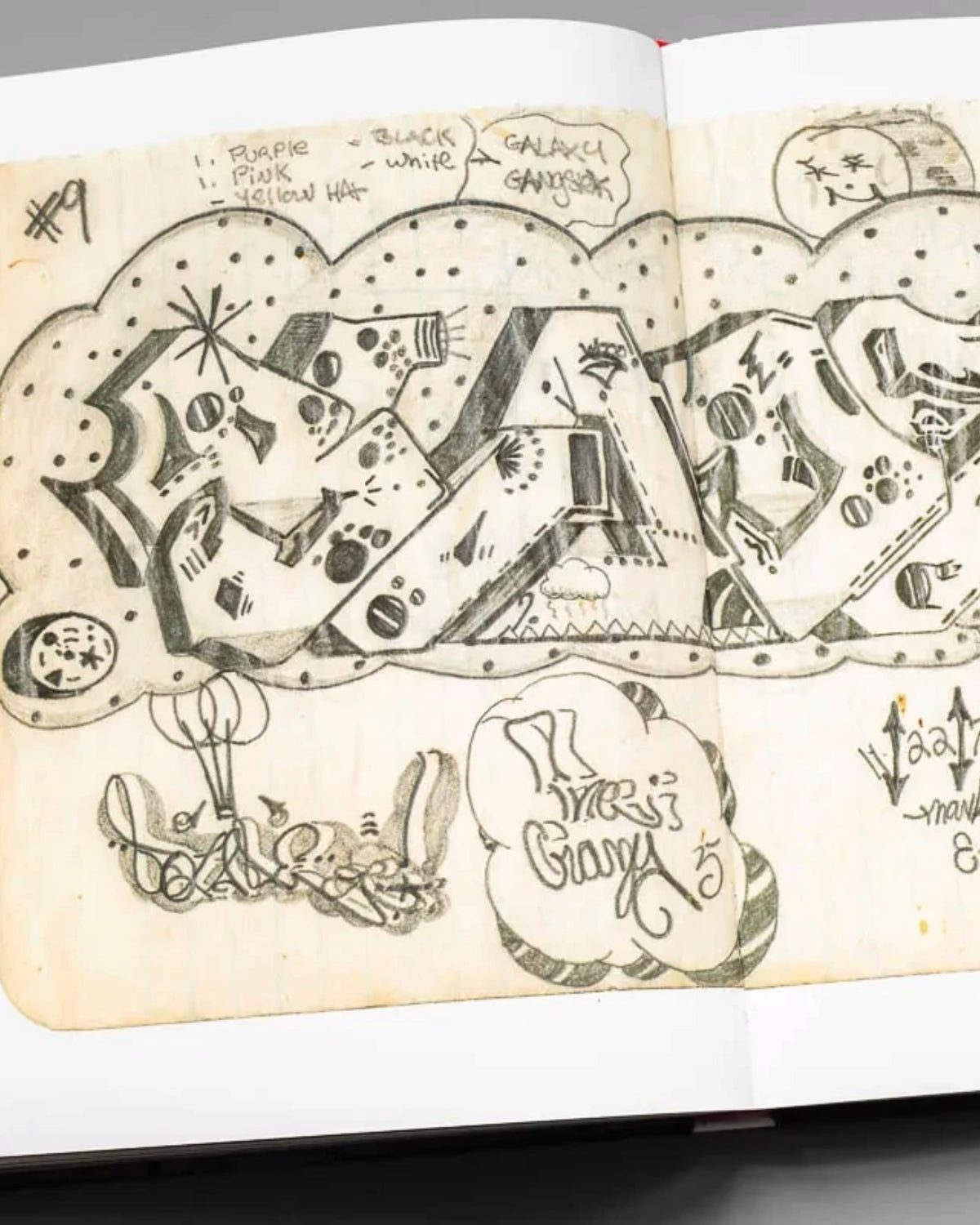 Astrofat BLADE King Of Graffiti book open to a page featuring detailed pencil sketches of graffiti lettering