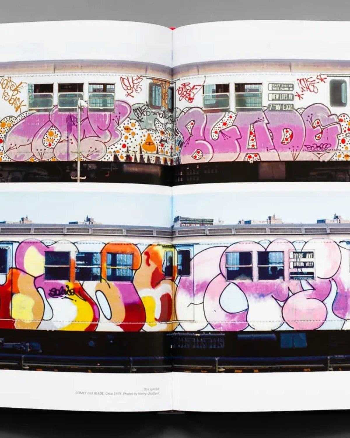 Astrofat BLADE King Of Graffiti hardcover book open to a spread showing vintage New York subway train graffiti art.