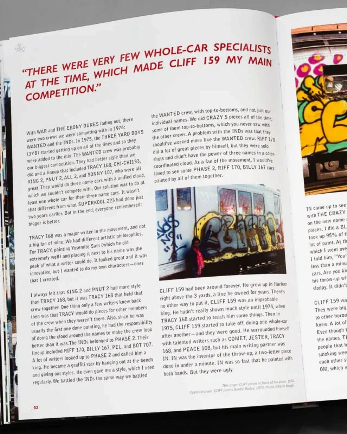 Astrofat BLADE King Of Graffiti hardcover book open to a page featuring text and a vintage subway train graffiti photo