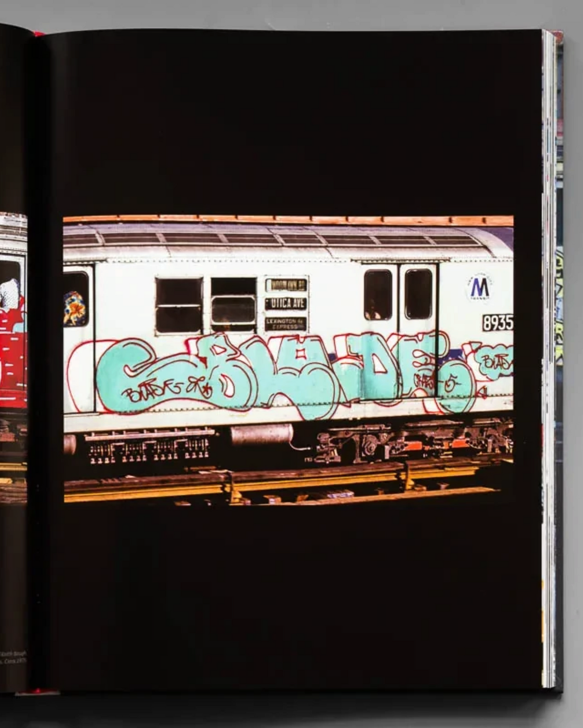 Astrofat BLADE King Of Graffiti hardcover book showing a spread of vintage New York subway train graffiti photos.
