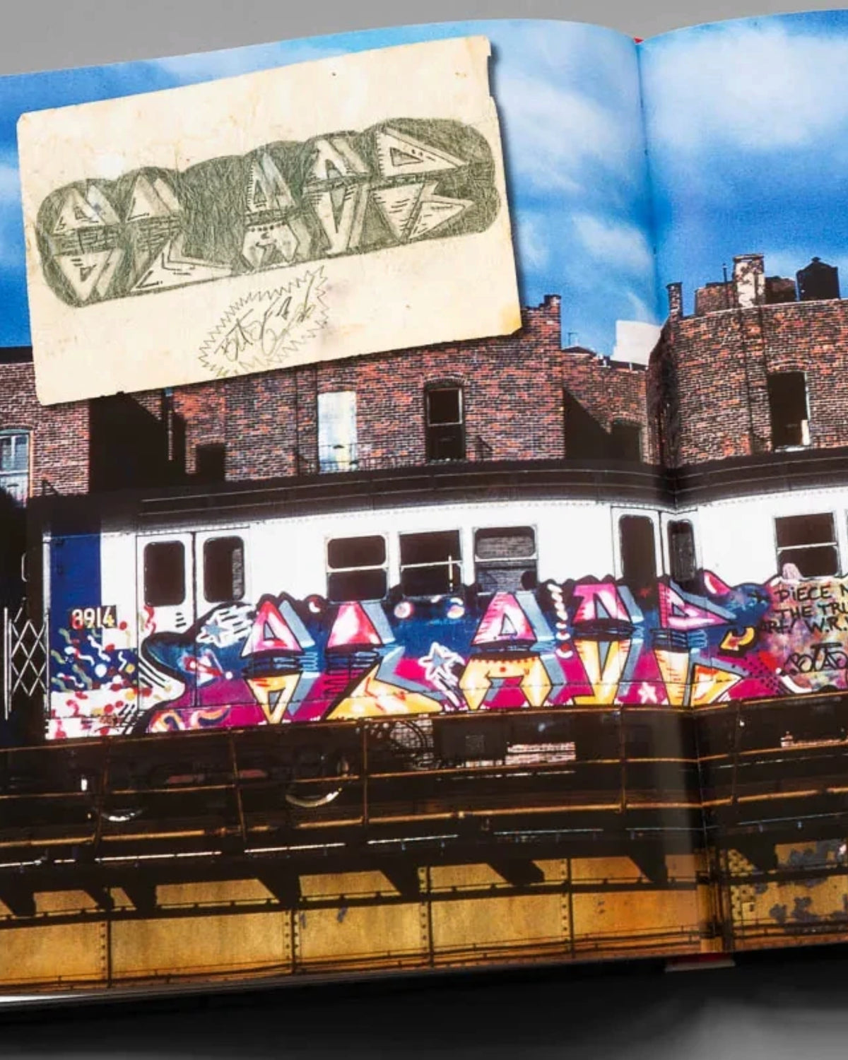 Astrofat BLADE King Of Graffiti book open to a page showing a subway train covered in vibrant graffiti art