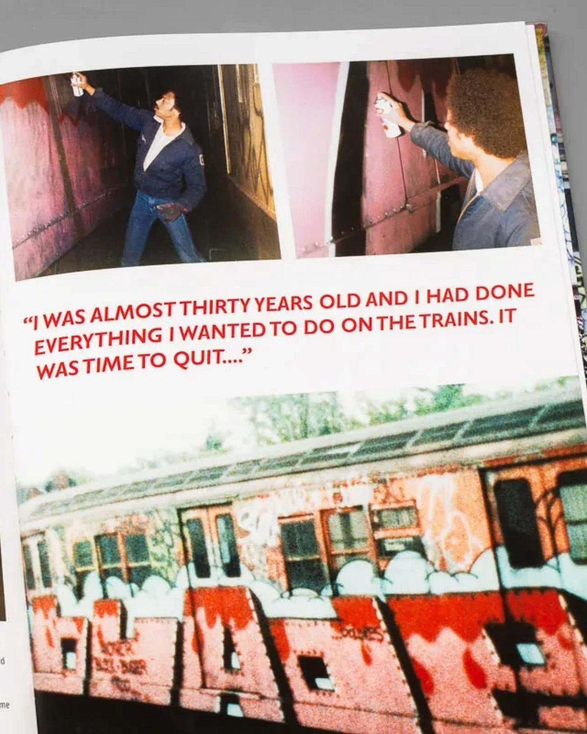 Astrofat BLADE King Of Graffiti book open to a page showing vintage photos of subway train graffiti and text