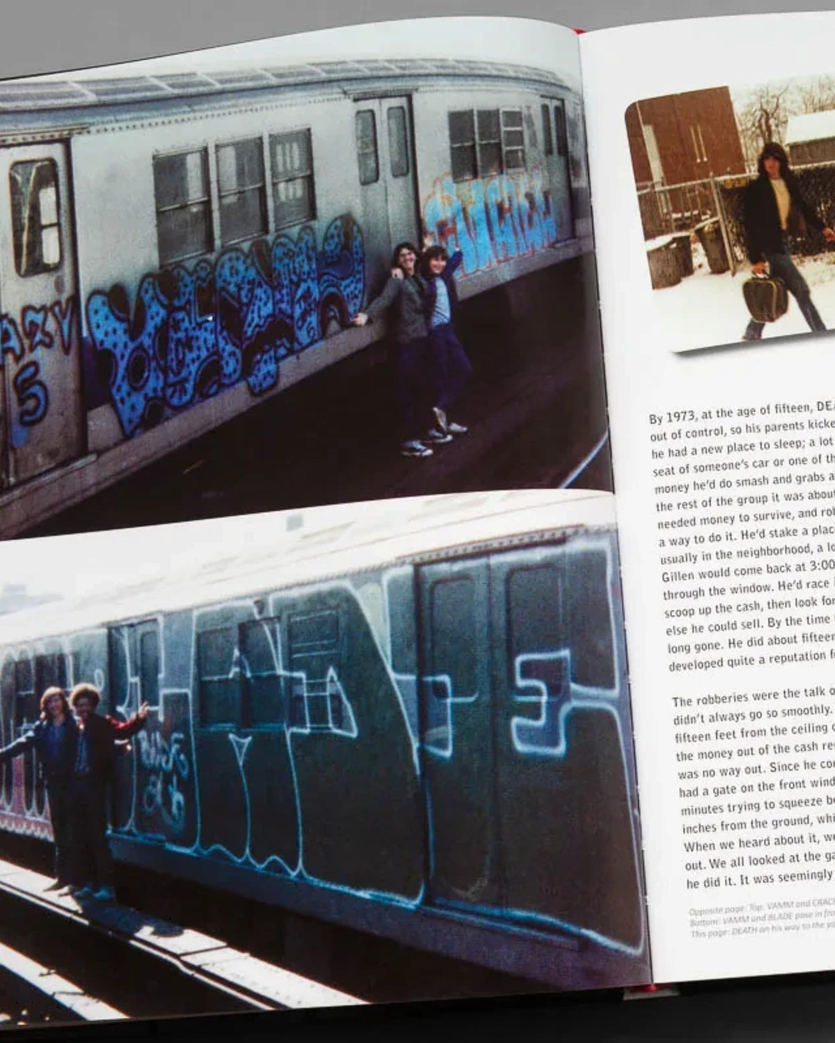 Astrofat BLADE King Of Graffiti book open to a page showing vintage subway train photos and handwritten anecdotes.
