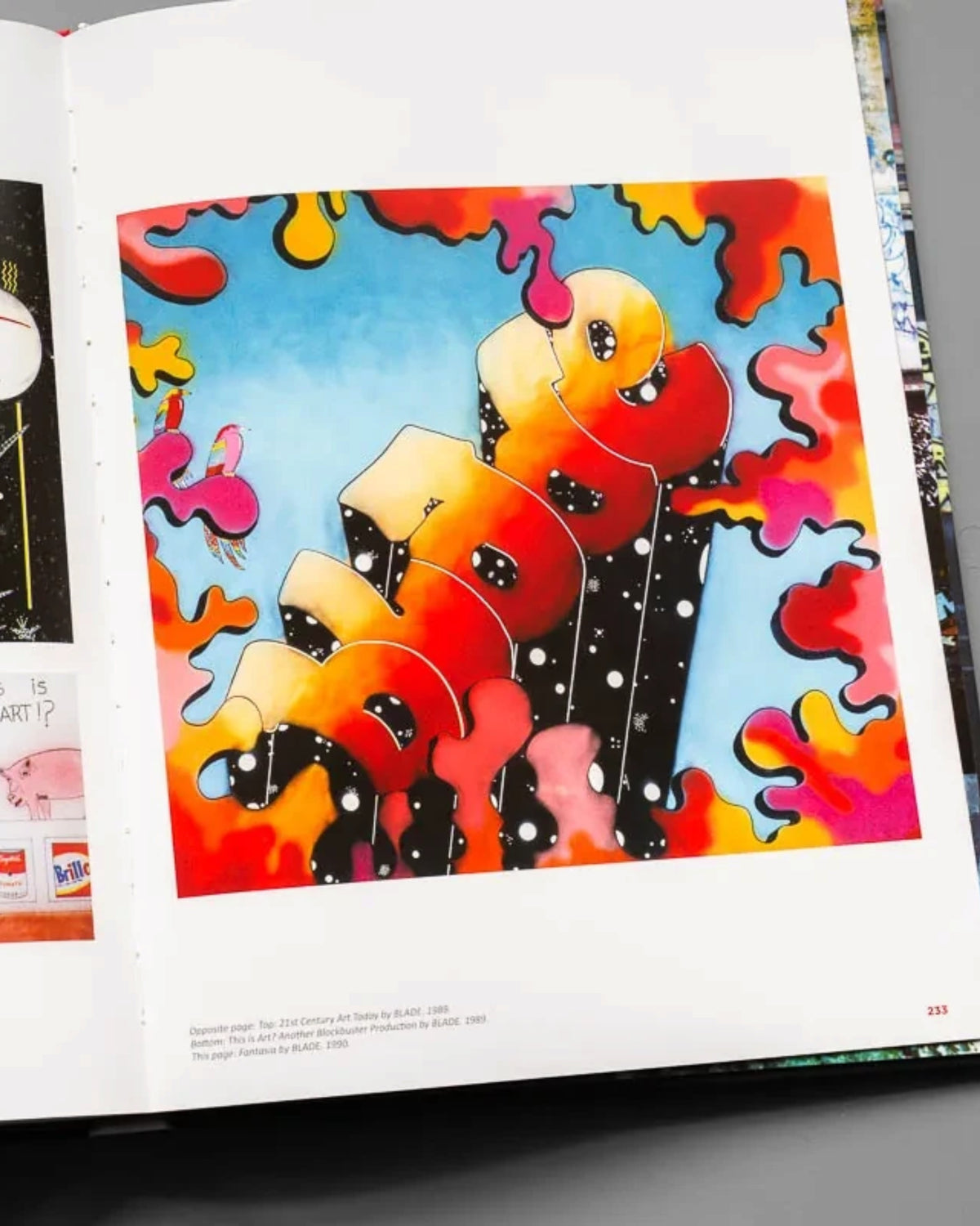 Astrofat BLADE King Of Graffiti art book open to pages 232 and 233 showing vibrant graffiti illustrations.