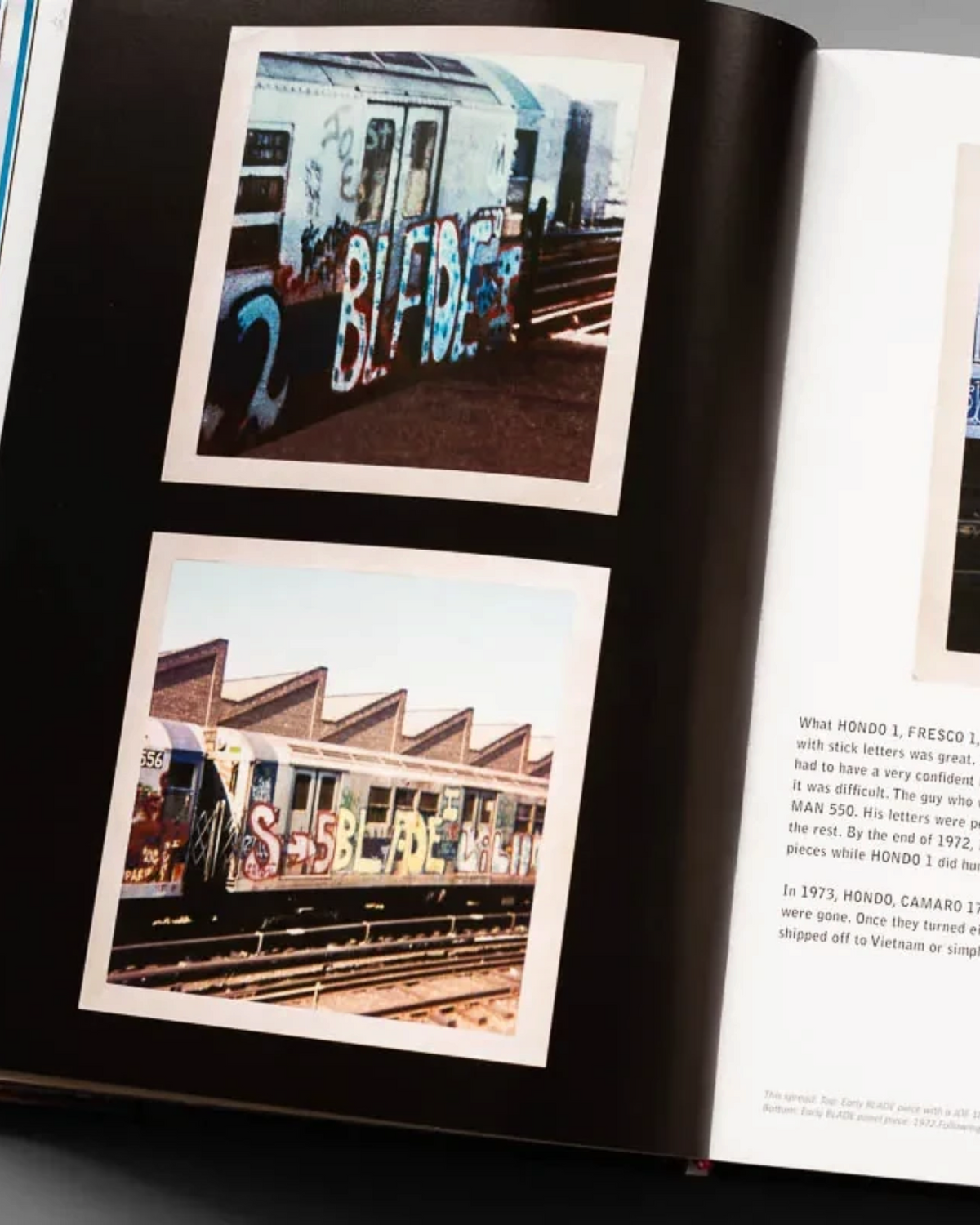 Astrofat BLADE King Of Graffiti hardcover book open to a page showing vintage subway train graffiti photography.
