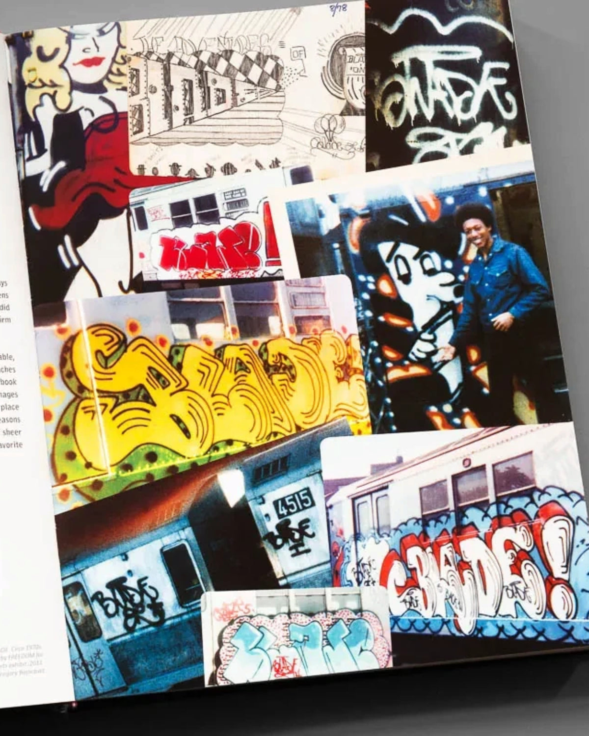 Astrofat BLADE King Of Graffiti book open to a foreword page featuring colorful subway train graffiti photographs.