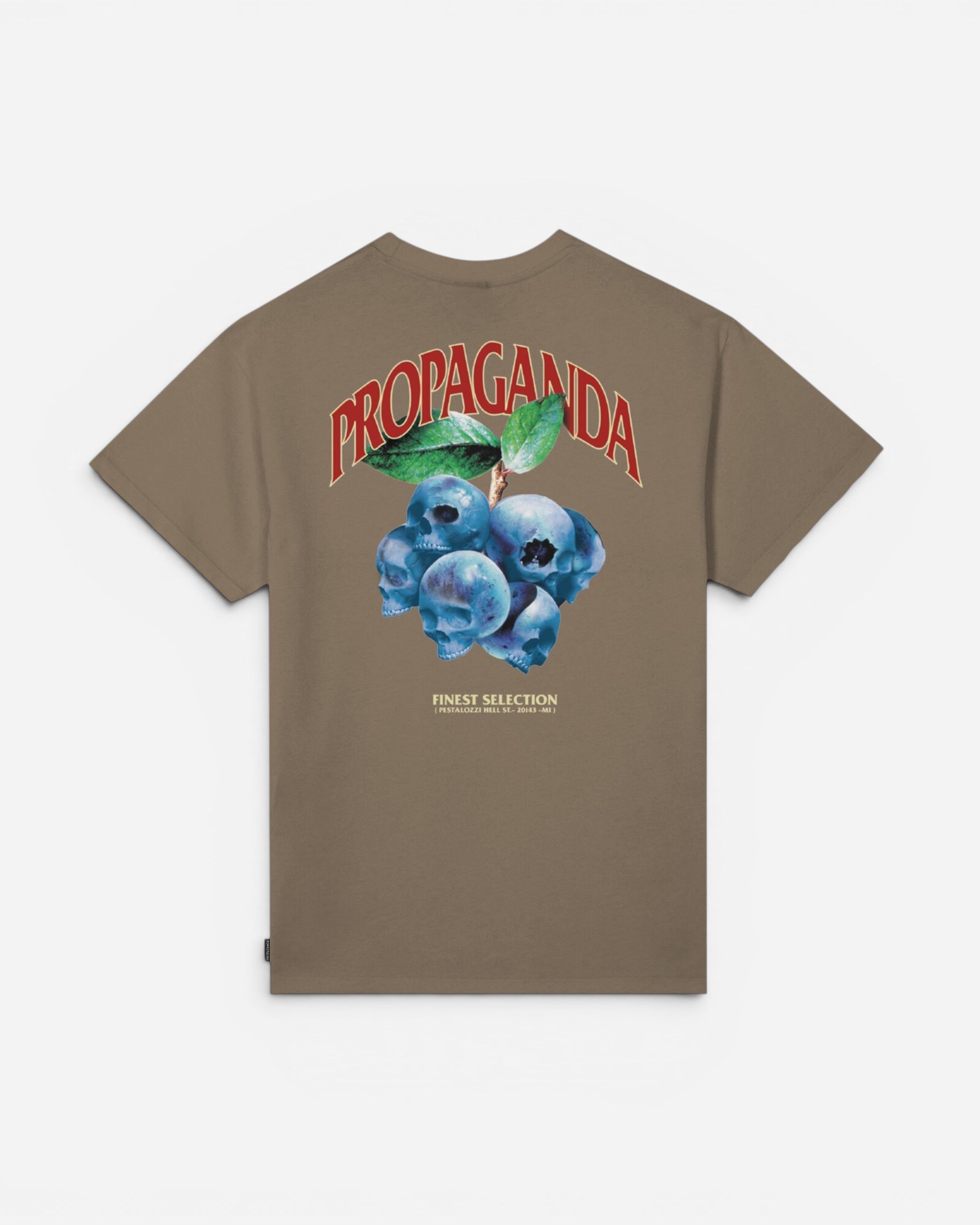 Astrofat men's taupe cotton t-shirt with a graphic print of blueberries shaped like skulls and the word PROPAGANDA.