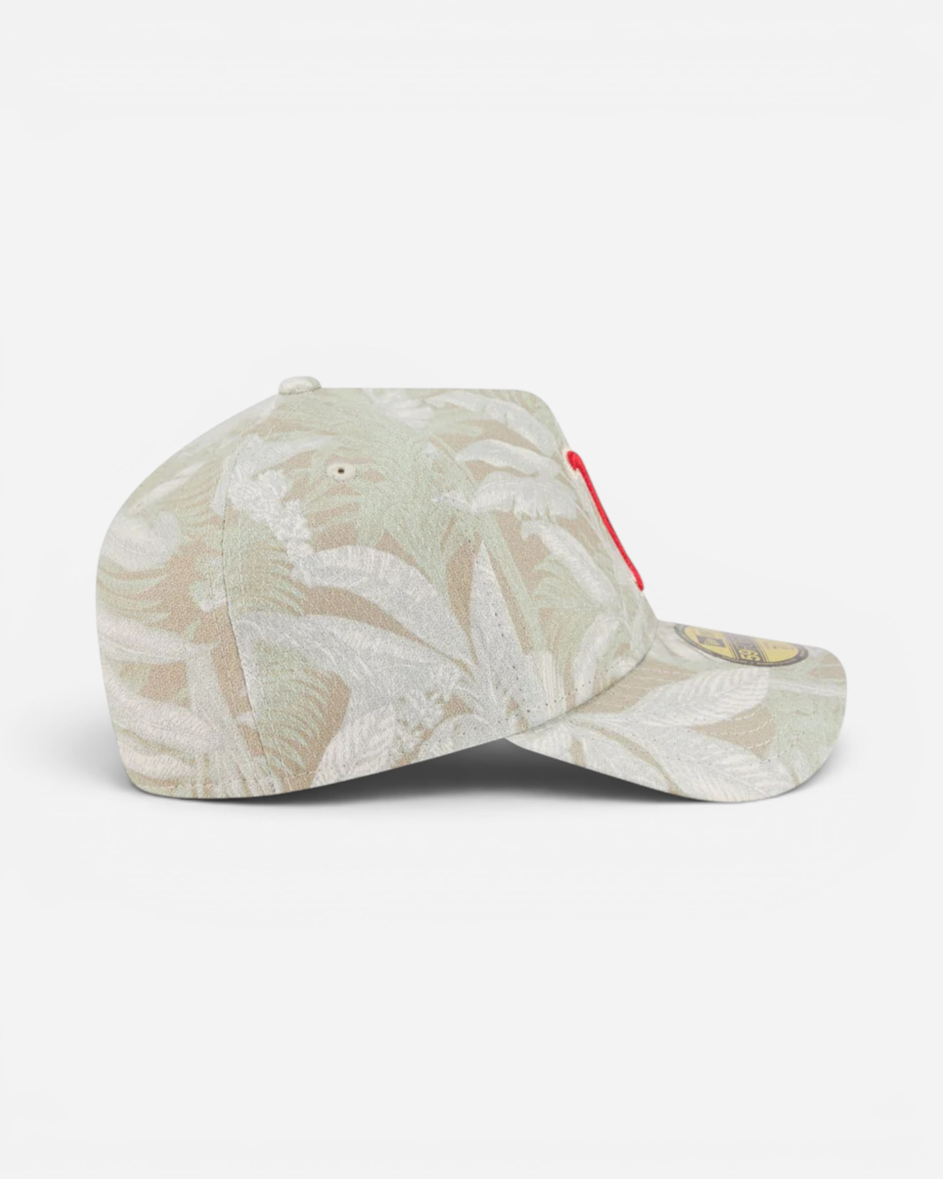Astrofat Boston Red Sox 59FORTY A-Frame fitted cap with leafy palm print in beige and green, curved brim.