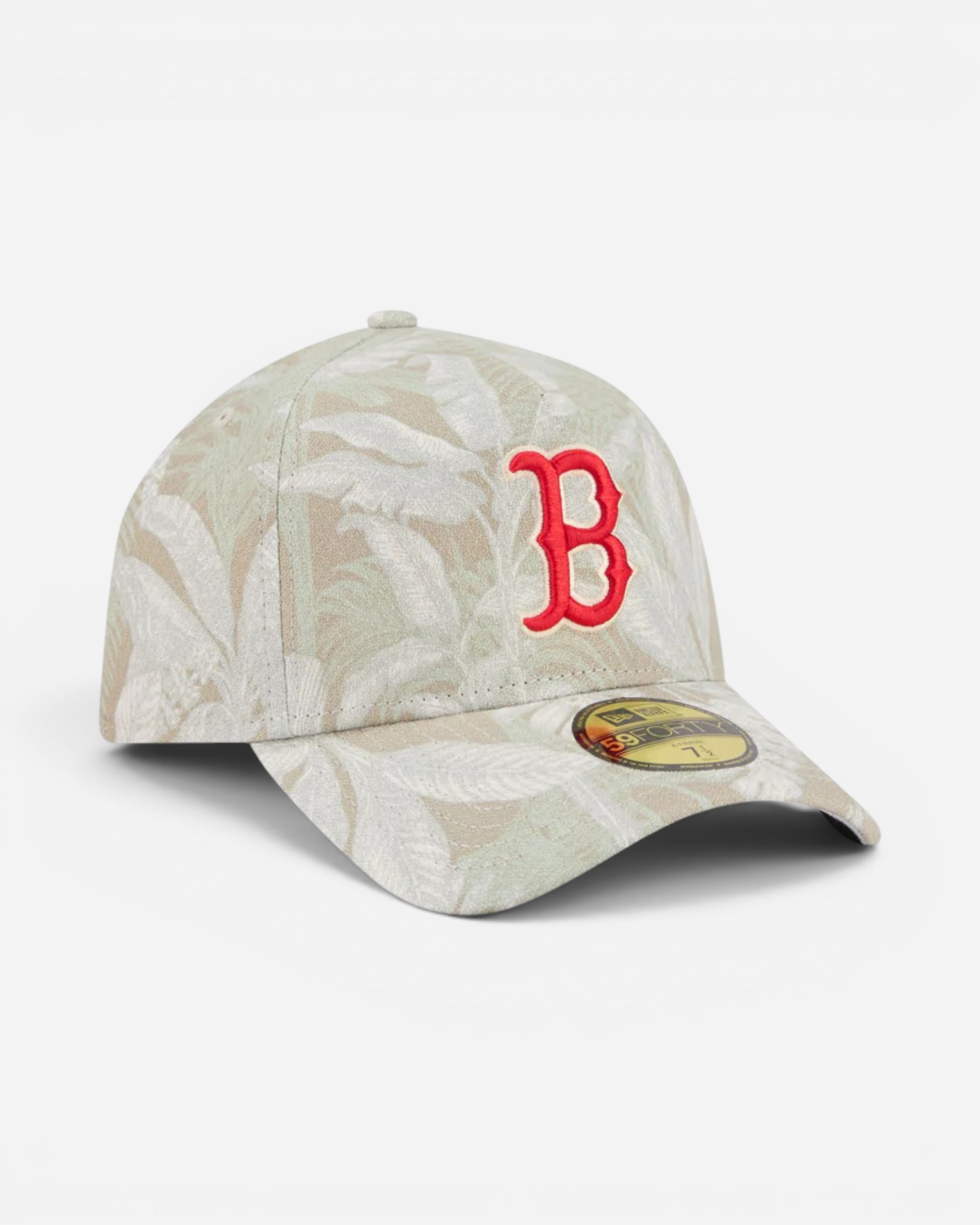 Astrofat Boston Red Sox 59FORTY A-Frame fitted cap with a leafy palm print and red 'B' logo.