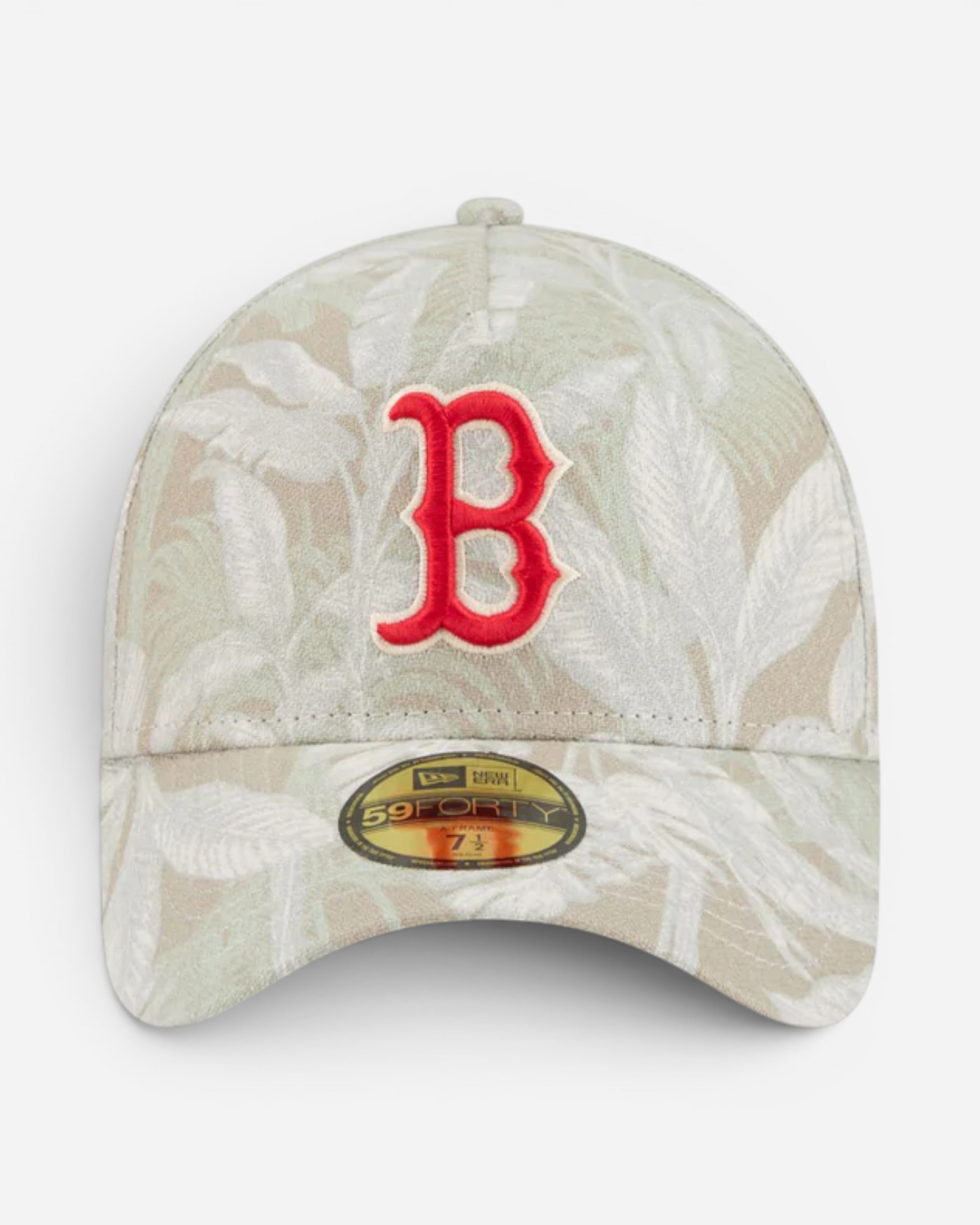 Astrofat Boston Red Sox 59FORTY A-Frame fitted cap with leafy palm print and red 'B' logo.