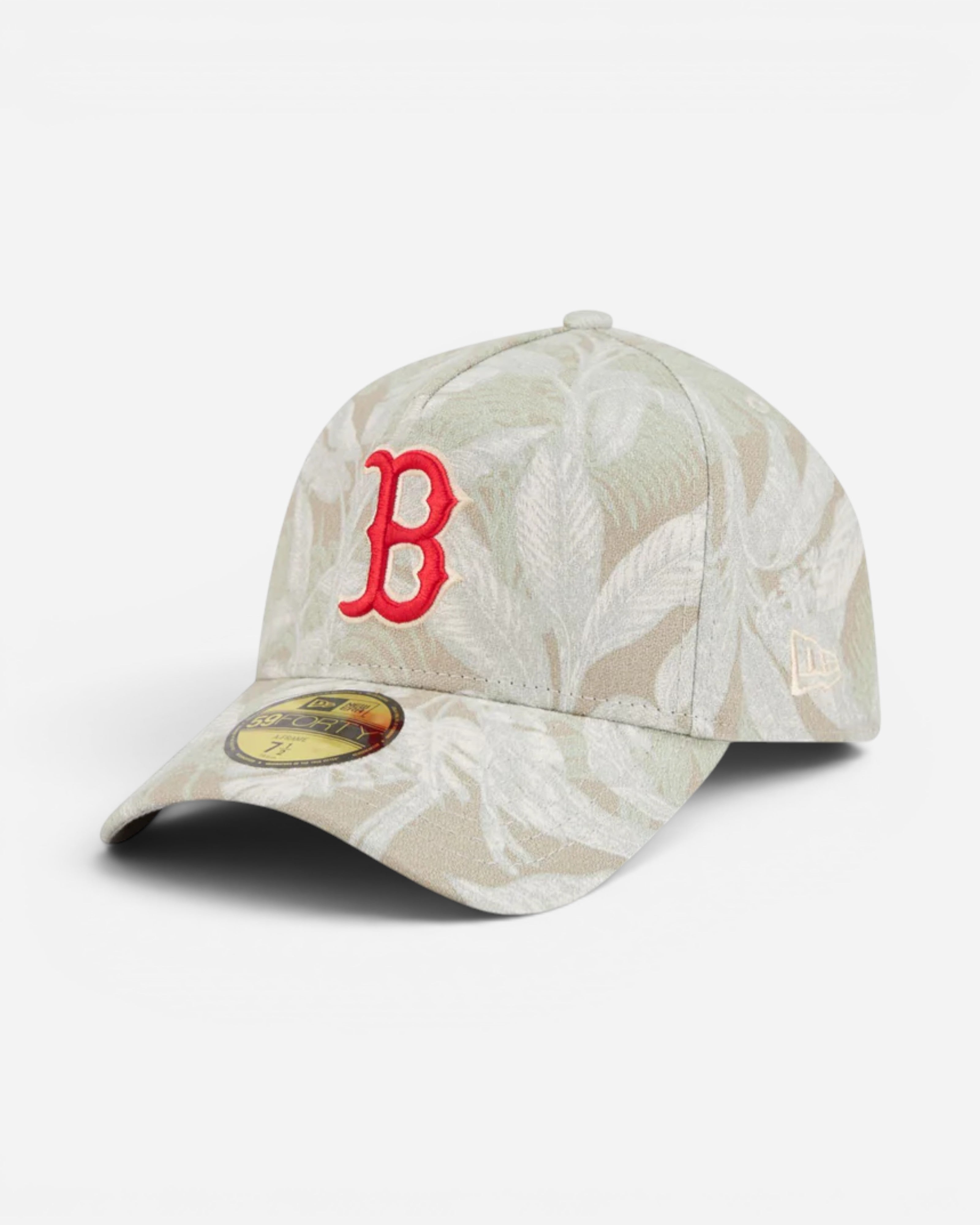 Astrofat Boston Red Sox 59FORTY A-Frame fitted cap with a leafy palm print and red 'B' logo.