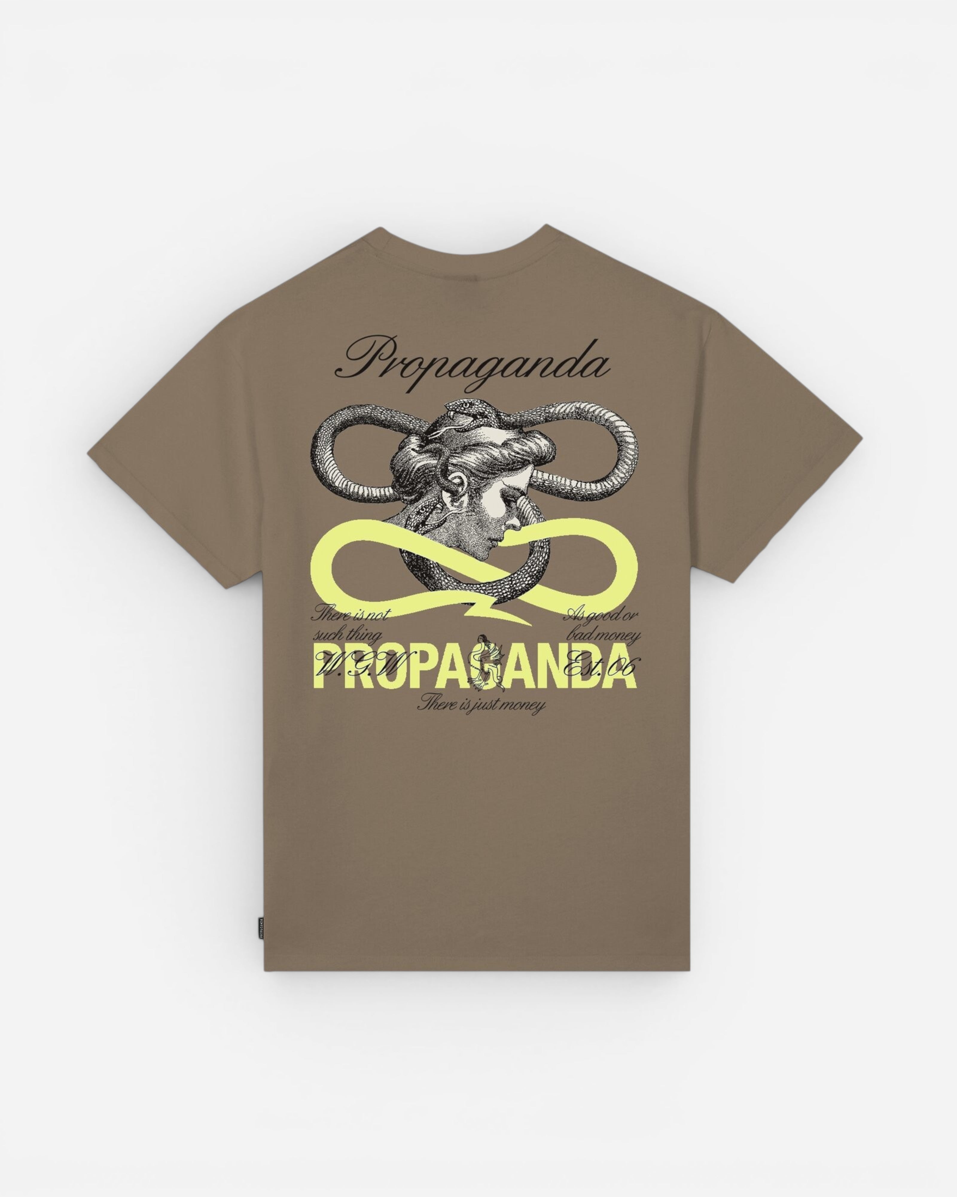Astrofat brown cotton t-shirt with a graphic print featuring a snake coiled around a bust and the word Propaganda.