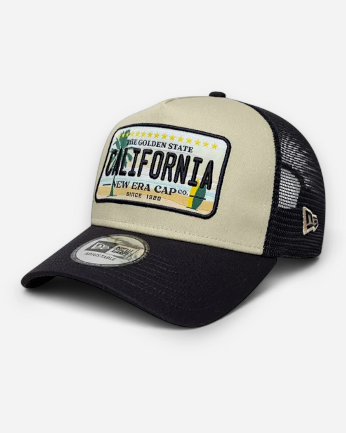 Astrofat New Era 9FORTY trucker cap in cream and navy with a California graphic patch and mesh back