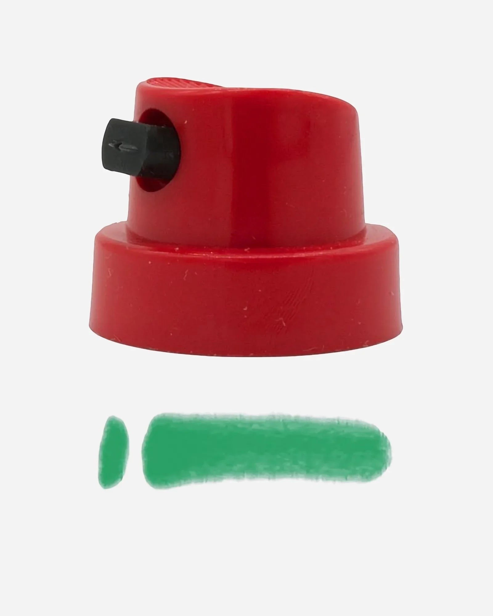 Astrofat Calligraphic red spray paint cap with black nozzle, showing a flat spray pattern in green.