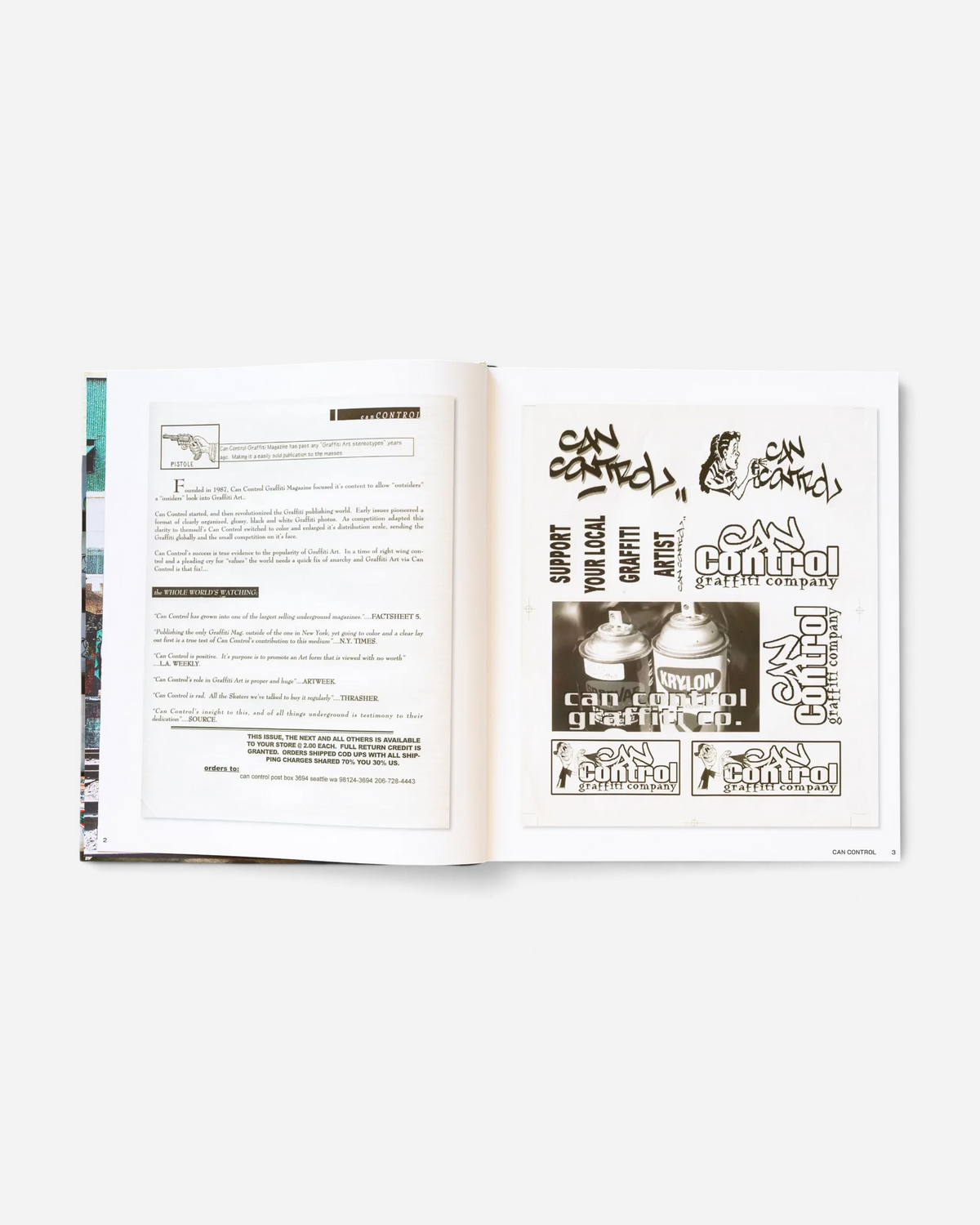 Astrofat Can Control Magazine archive book open to pages showing historical graffiti logos and editorial text