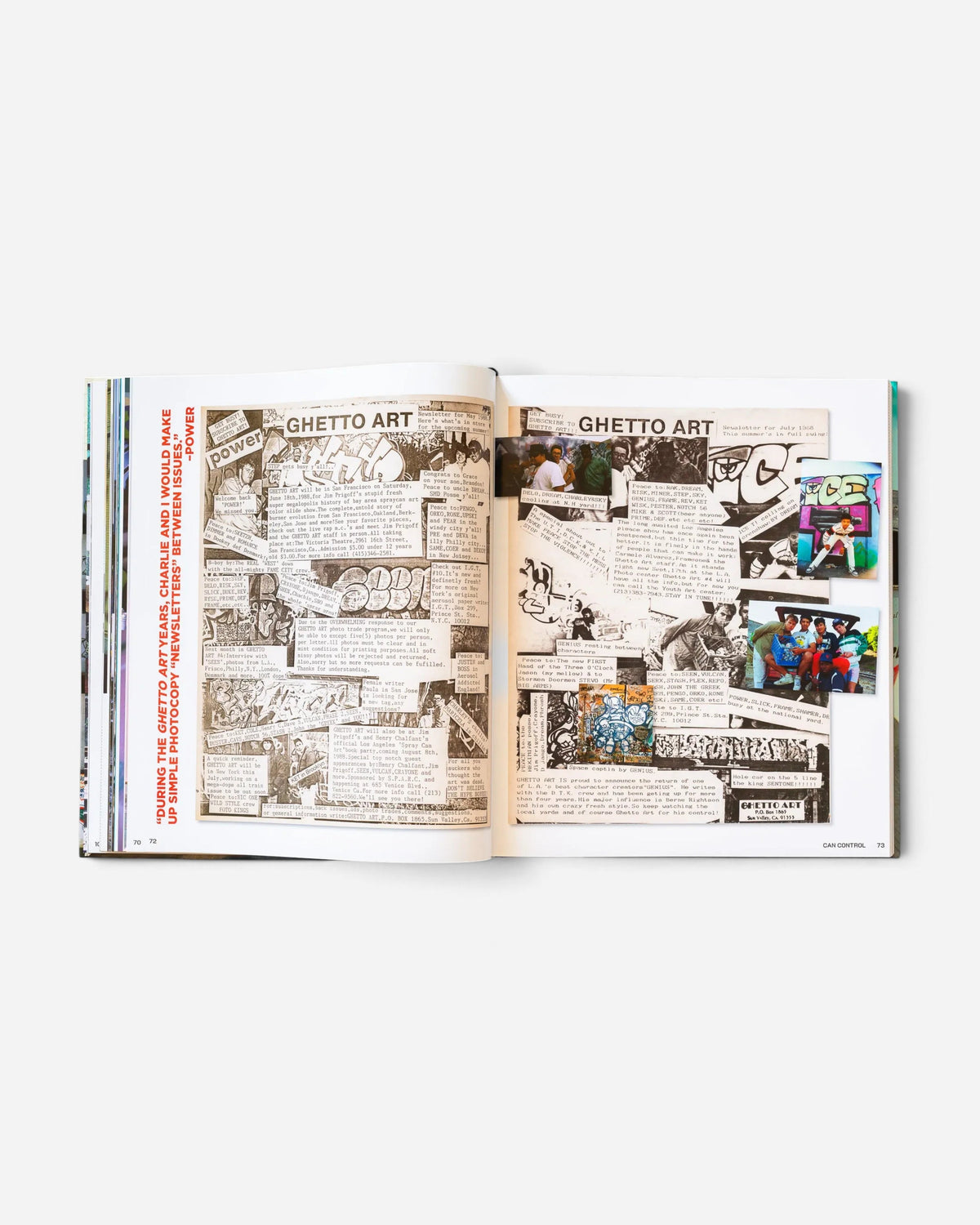 Astrofat Can Control Magazine archive book open to pages featuring Ghetto Art graffiti newsletters and vintage photos.