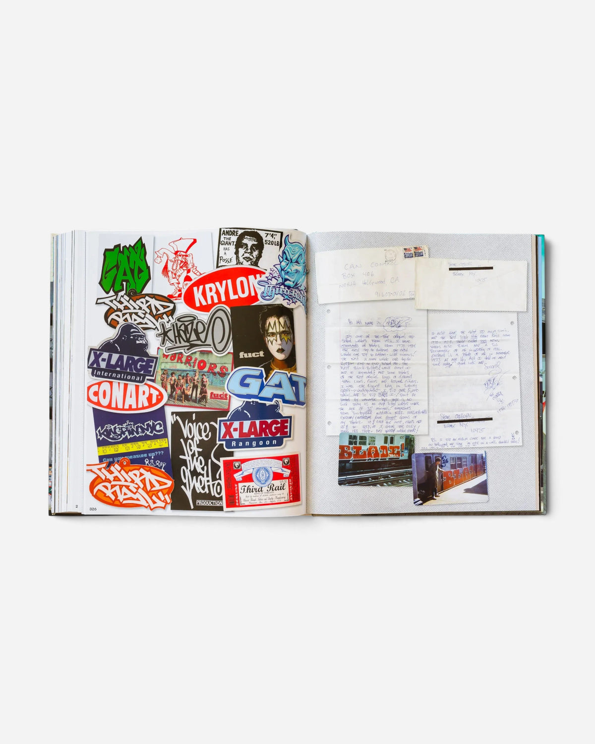Astrofat Can Control Magazine archive book open to a page featuring a collage of vintage graffiti stickers and letters.