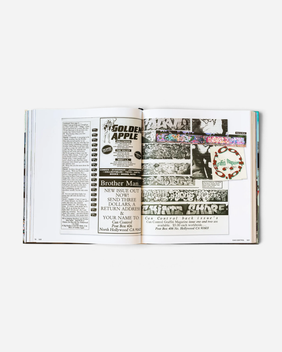 Astrofat Can Control Magazine archive book open to pages showing vintage graffiti advertisements and magazine layouts.
