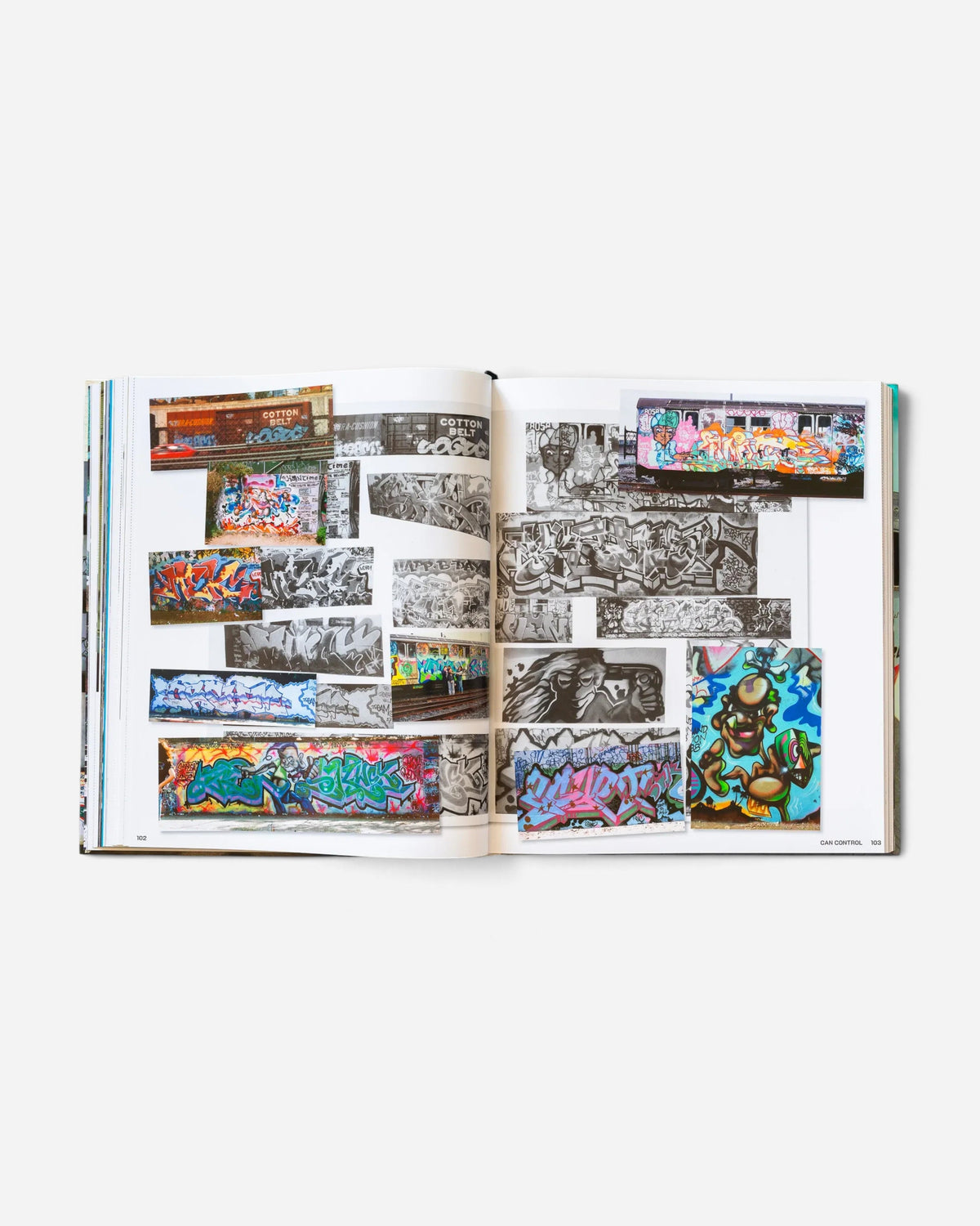 Astrofat Can Control Magazine archive book open to a page featuring a collage of vintage graffiti photographs