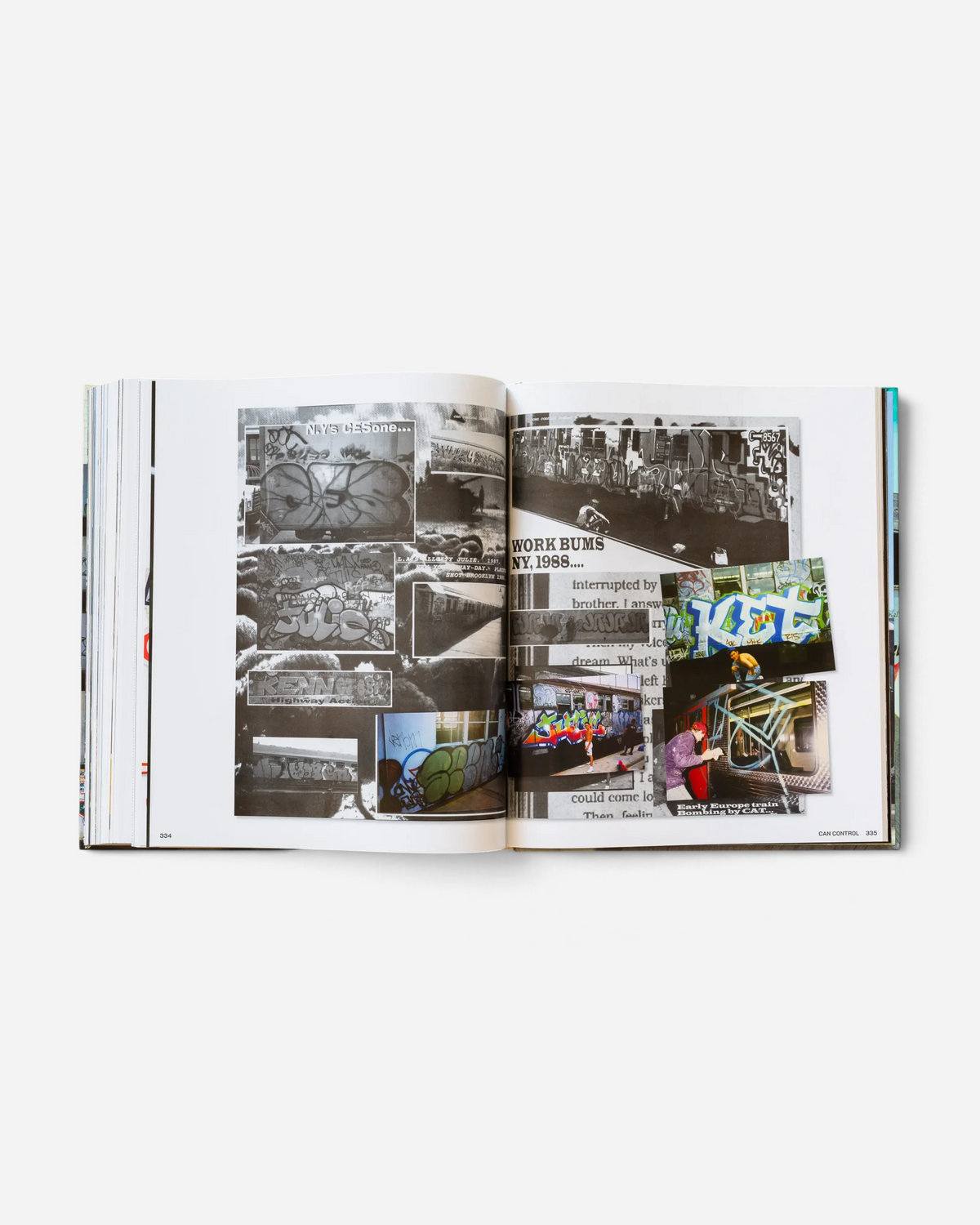 Astrofat Can Control Magazine archive book open to pages 334-335 featuring black and white graffiti photography collage