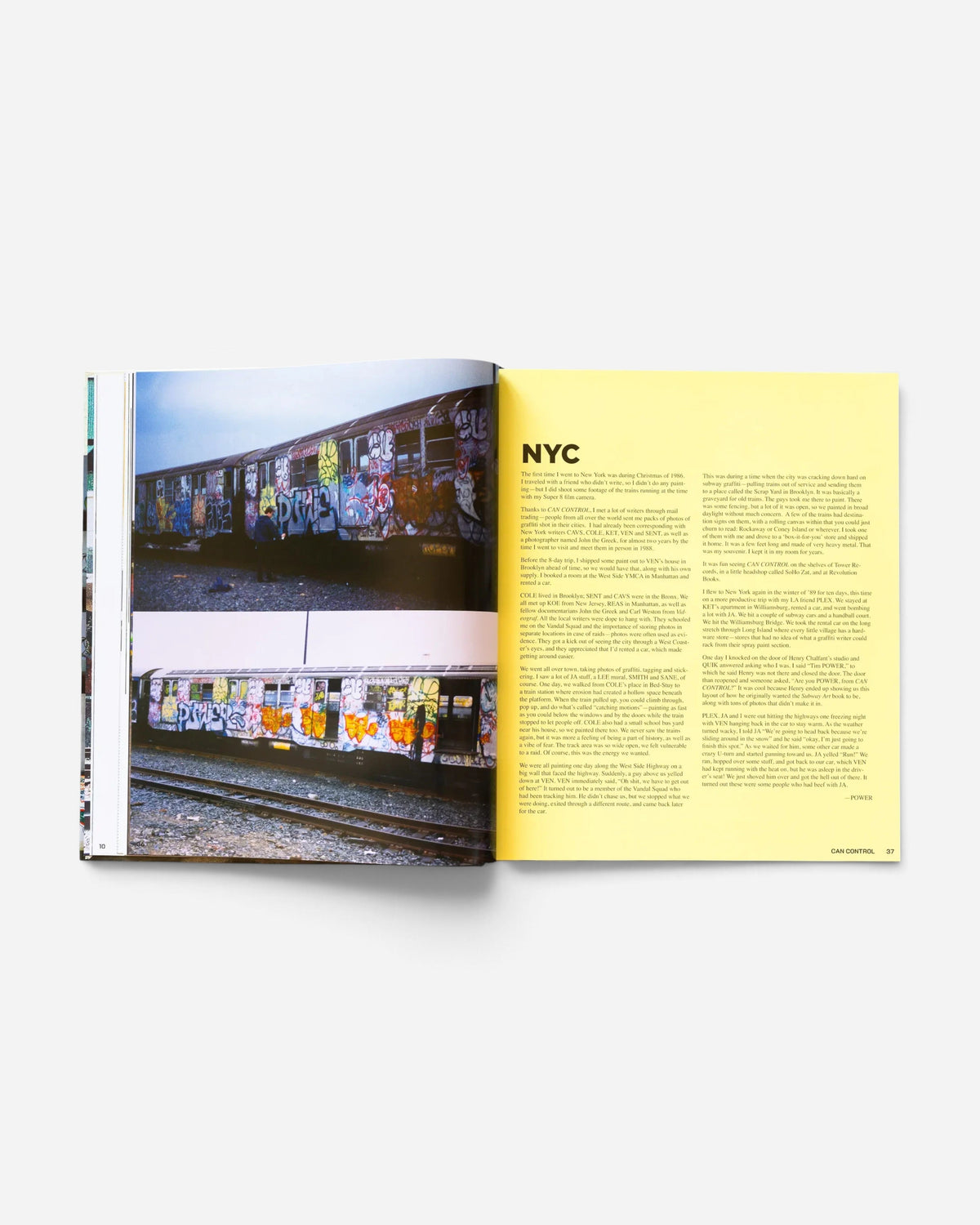 A spread from the Astrofat Can Control Magazine archive book showing a graffiti-covered train and historical text.