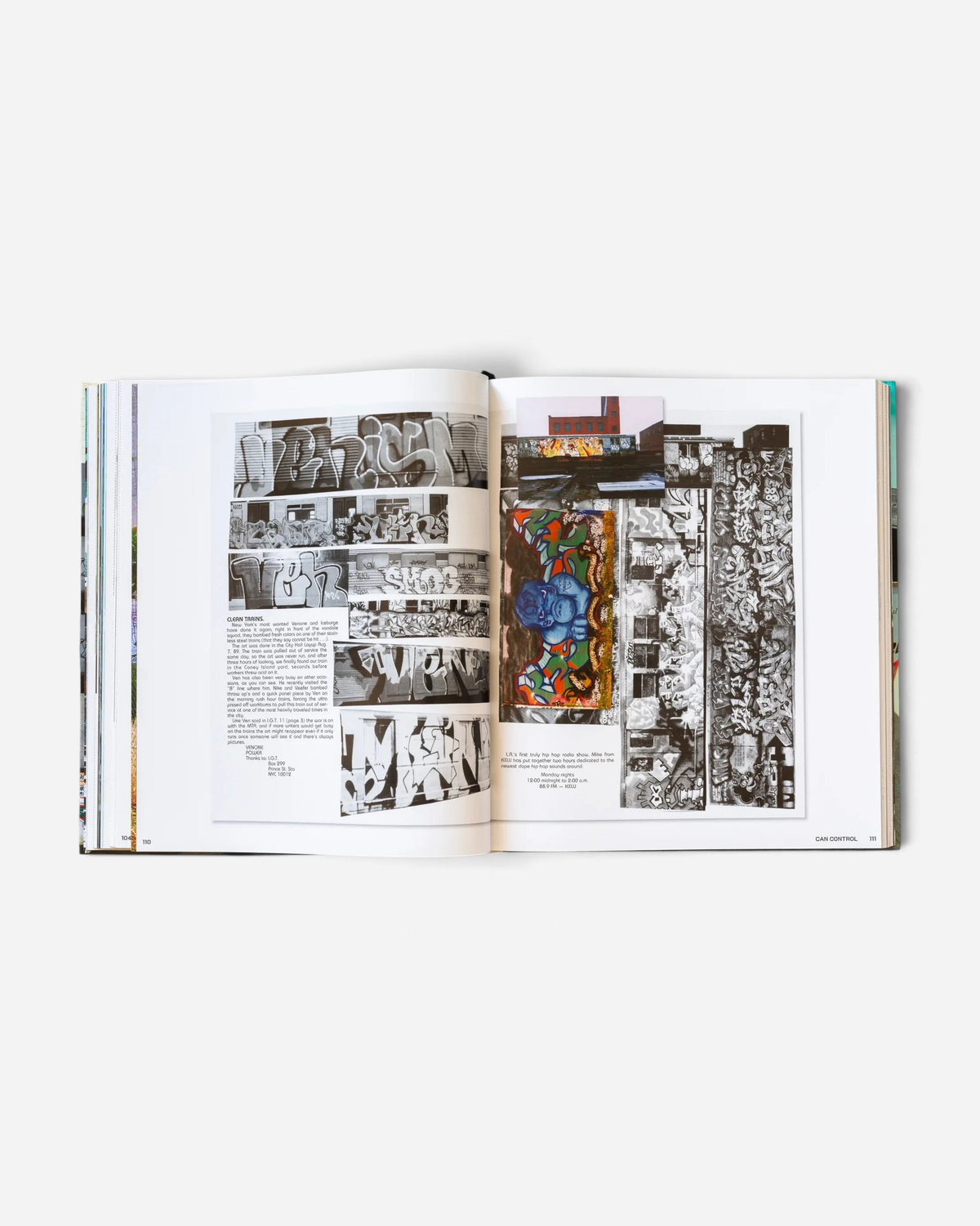 A spread from the Astrofat Can Control Magazine archive book showing black and white graffiti train photos.