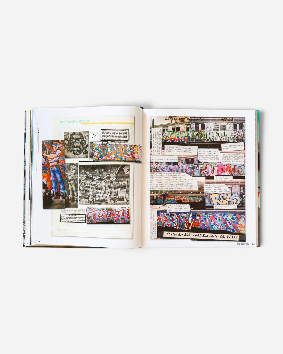 Astrofat Can Control Magazine archives open to pages showing vintage graffiti photos, sketches, and Ghetto Art newsletters.