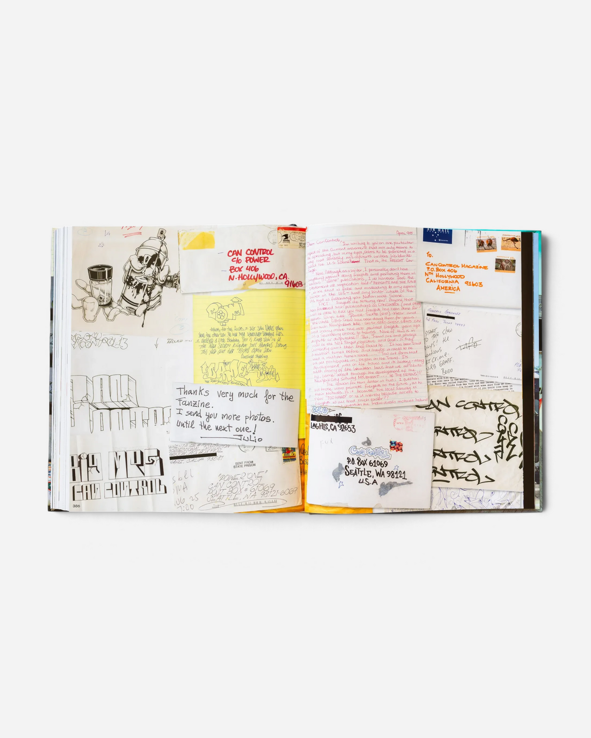 A spread from Astrofat Can Control Magazine archives showing handwritten letters, graffiti sketches, and mail art.