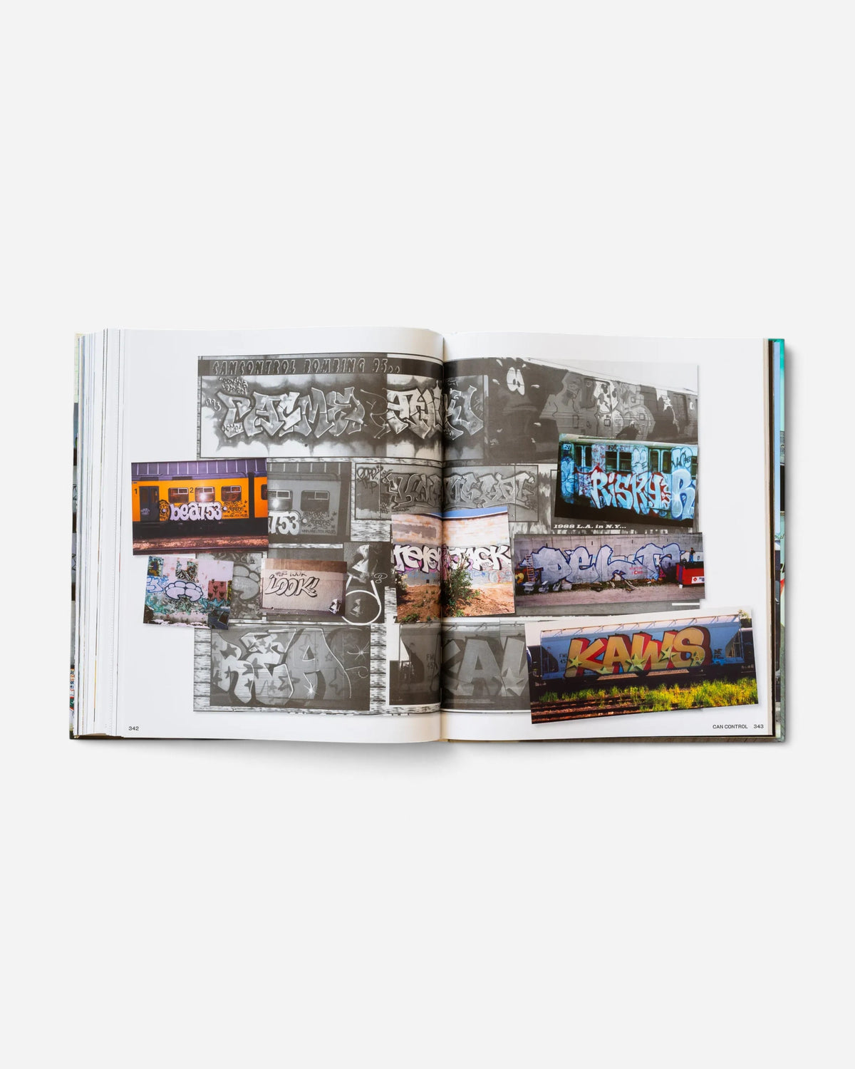 A spread from the Astrofat Can Control Magazine archive book featuring black and white and color graffiti train photos.