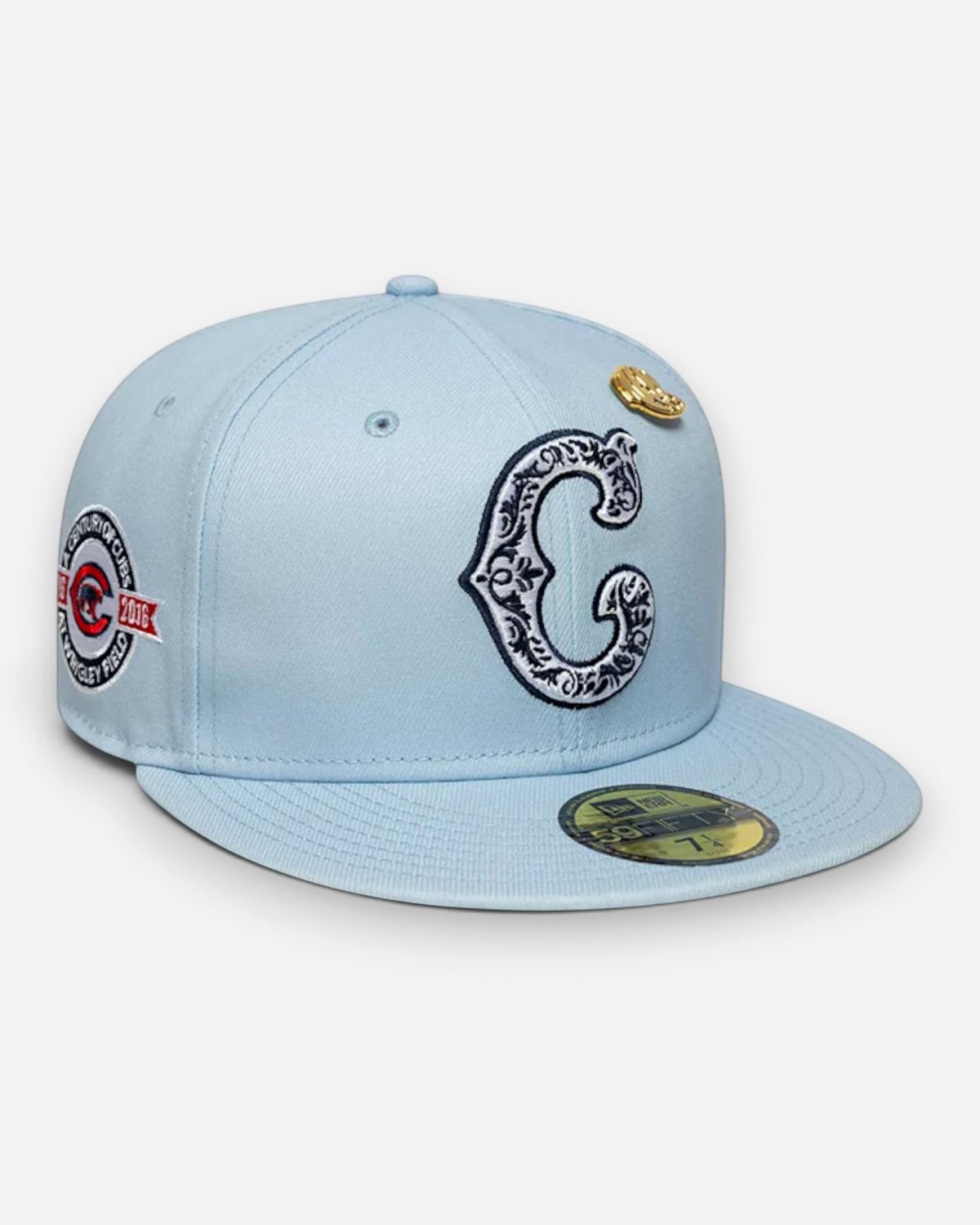 Astrofat light blue Chicago Cubs 59FIFTY fitted cap with a decorative gold pin and side patch on a flat brim