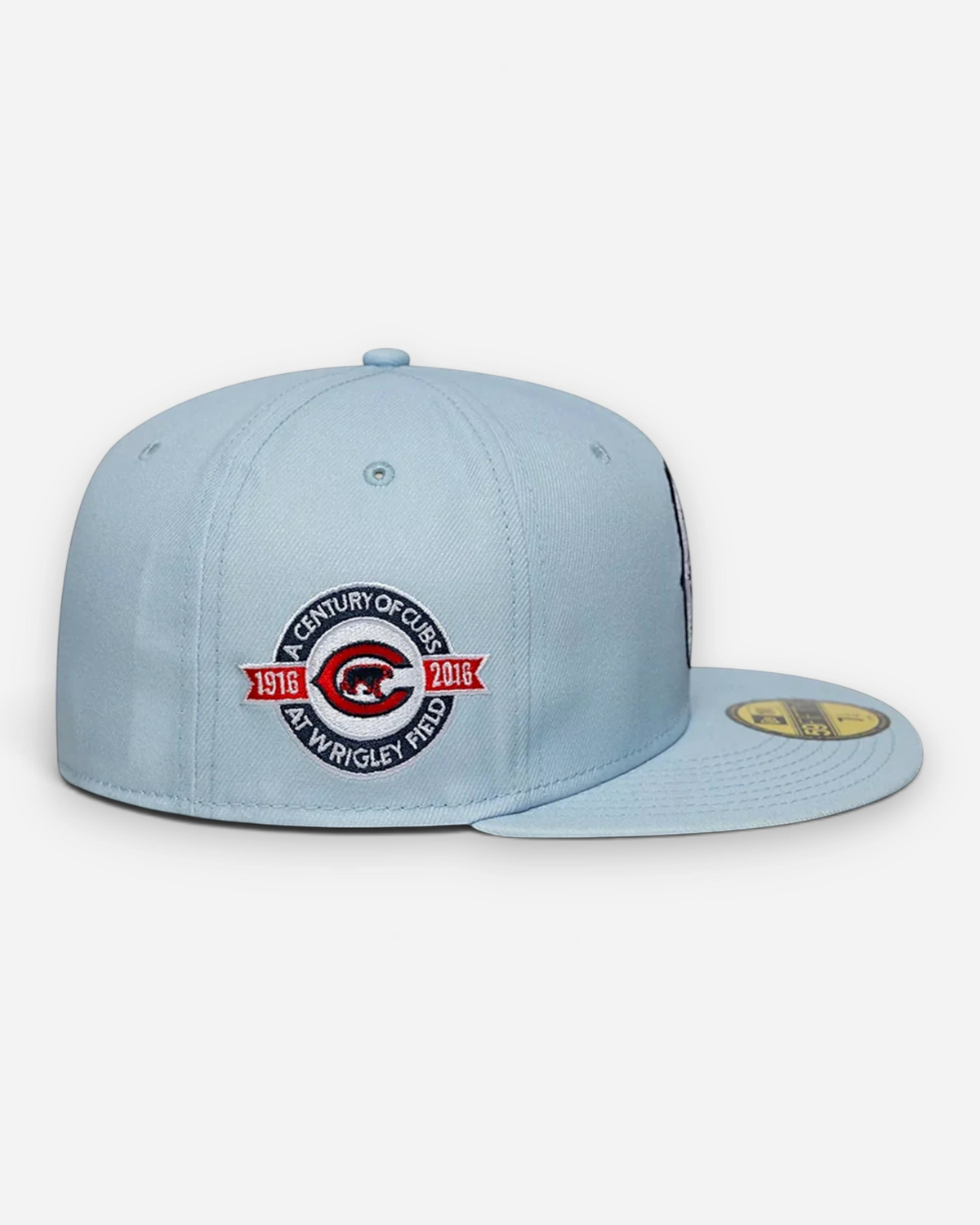 Astrofat light blue Chicago Cubs 59FIFTY fitted cap with a commemorative 1916-2016 Wrigley Field side patch.