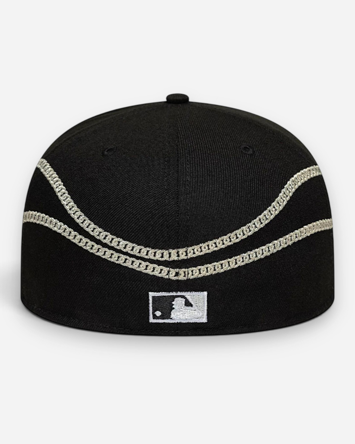 Astrofat 59FIFTY Chicago White Sox fitted cap in black with silver chain embroidery and MLB logo on the back