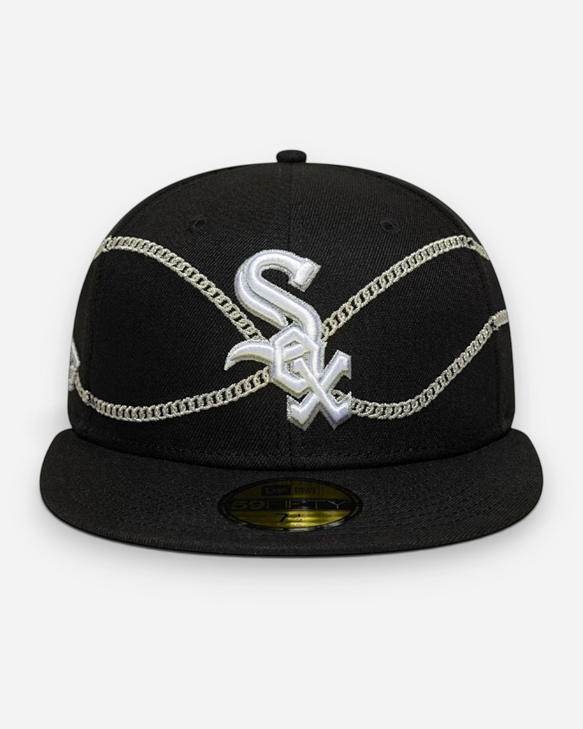 Astrofat 59FIFTY Chicago White Sox fitted cap in black with white chain embroidery and grey undervisor