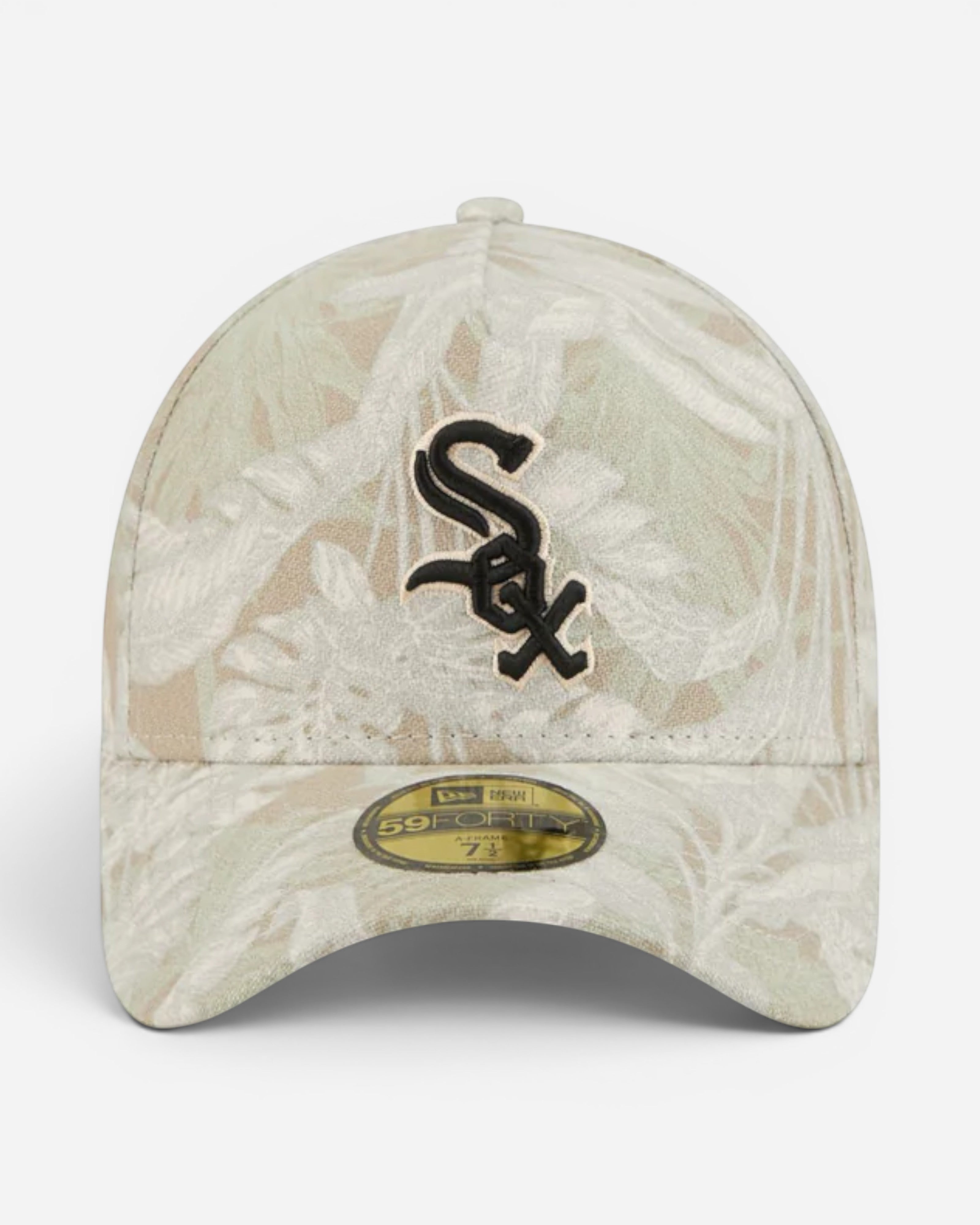 Astrofat 59FORTY A-Frame fitted cap with a leafy palm print and black Chicago White Sox logo.