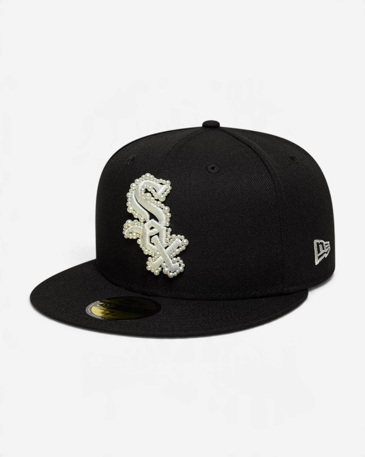 Astrofat black 59FIFTY fitted cap featuring a Chicago White Sox logo embellished with faux pearls and a flat visor.