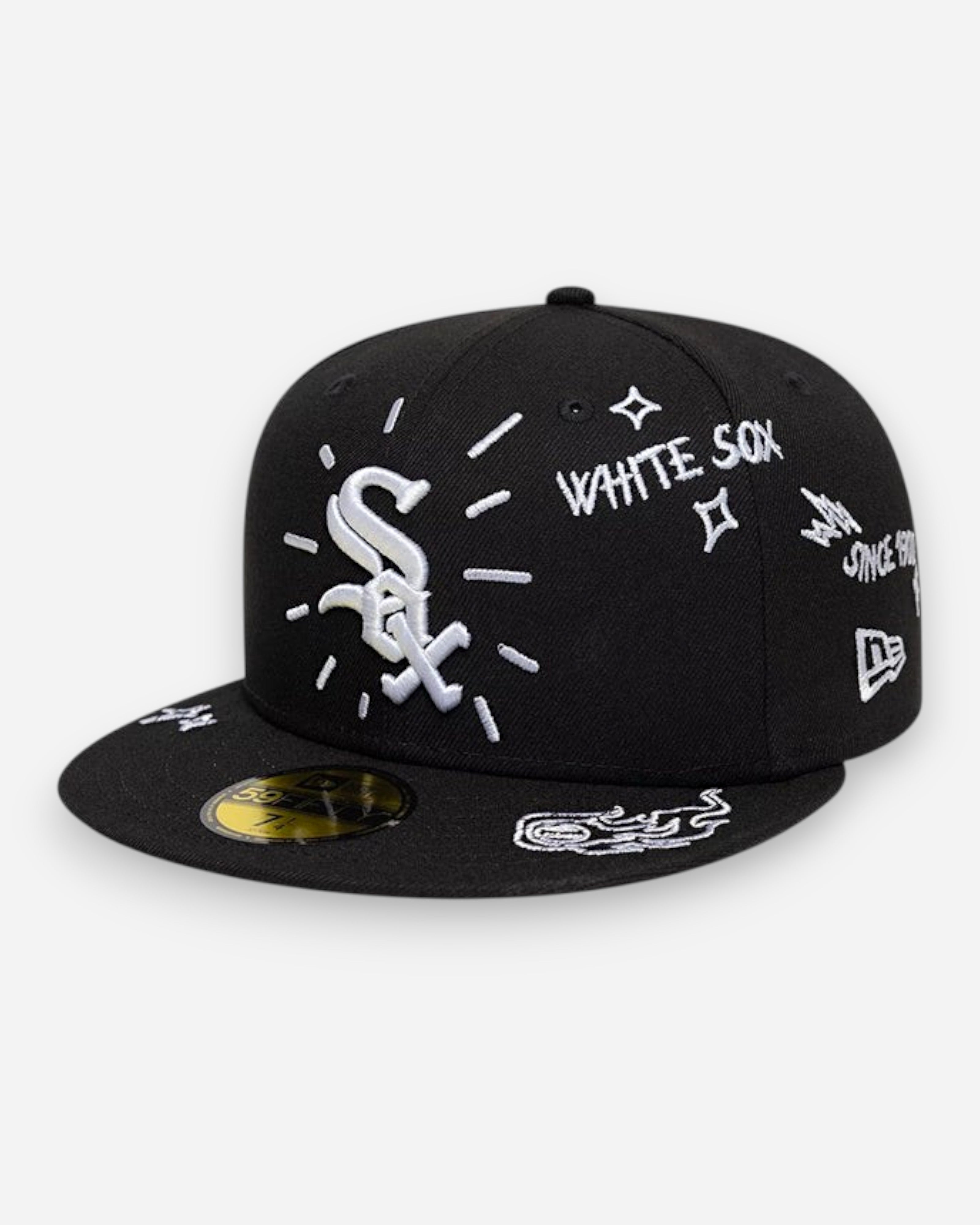 Astrofat black fitted baseball cap with white Chicago White Sox logo and scribble details. Features flat brim and embroidered details.