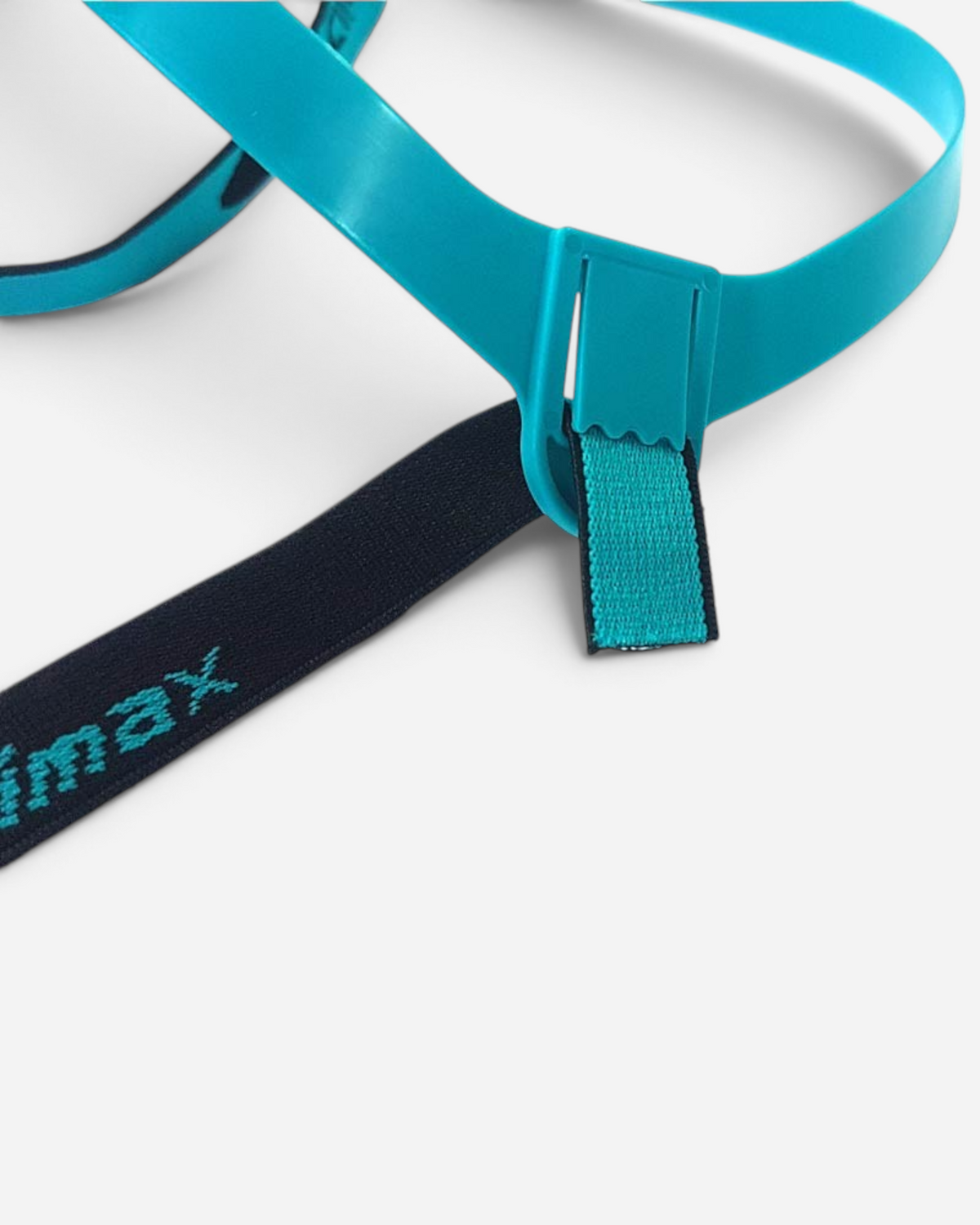 Astrofat Climax 810 A2P3 half mask showing the adjustable teal TPE head strap and elastic harness detail.